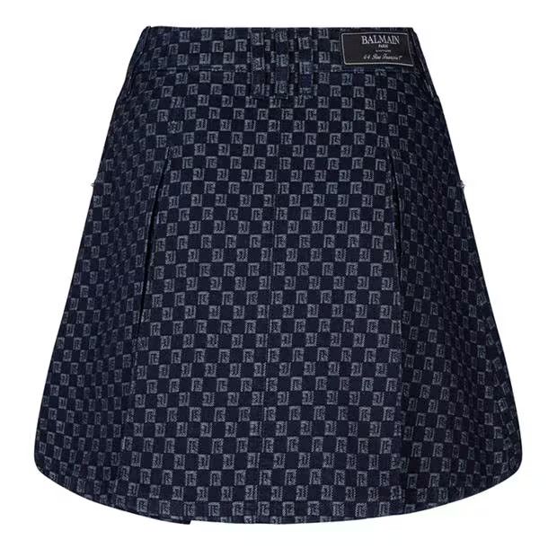 Balmain o1g2r1mq0924 Monogram Pleated Mini Skirt in Blue Size 27" / US 4 / IT 40 - 2 Thumbnail