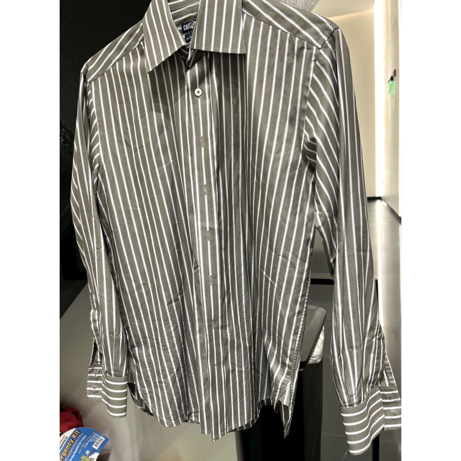 Vintage Cafe Coton Dress Shirt Mens 15 1/2 39 Brown Striped Long Sleeve Button Up Paris 100% Cotton Vintage? Size 40R - 4 Thumbnail