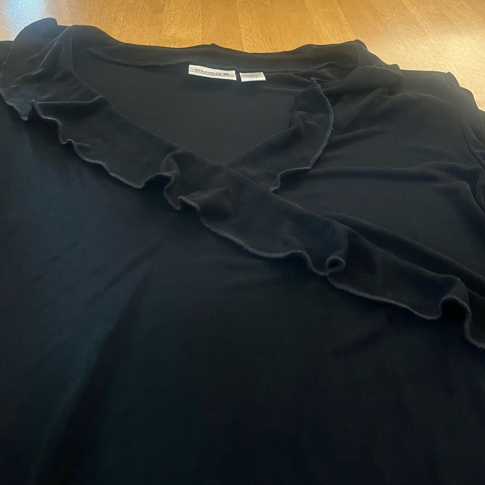 Chicos Chico's Travelers Black long sleeve Ruffled Blouse, 3 (16) Size L / US 10 / IT 46 - 3 Thumbnail
