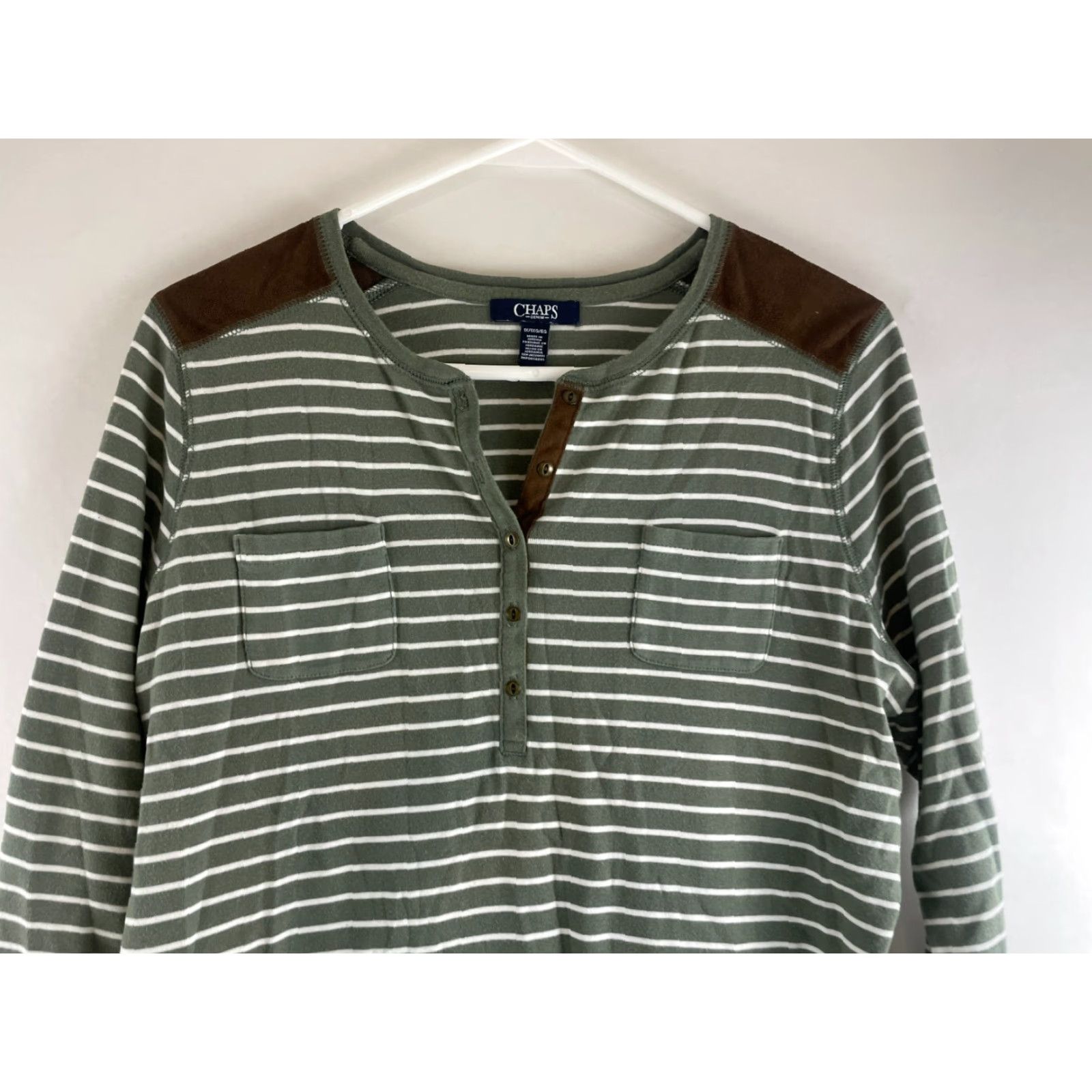 Chaps Chaps Shirt Women's 1X White Green Striped Faux Suede Henley 3/4 Sleeve T-Shirt Modern Casual Mens? Size XL / US 12-14 / IT 48-50 - 3 Thumbnail