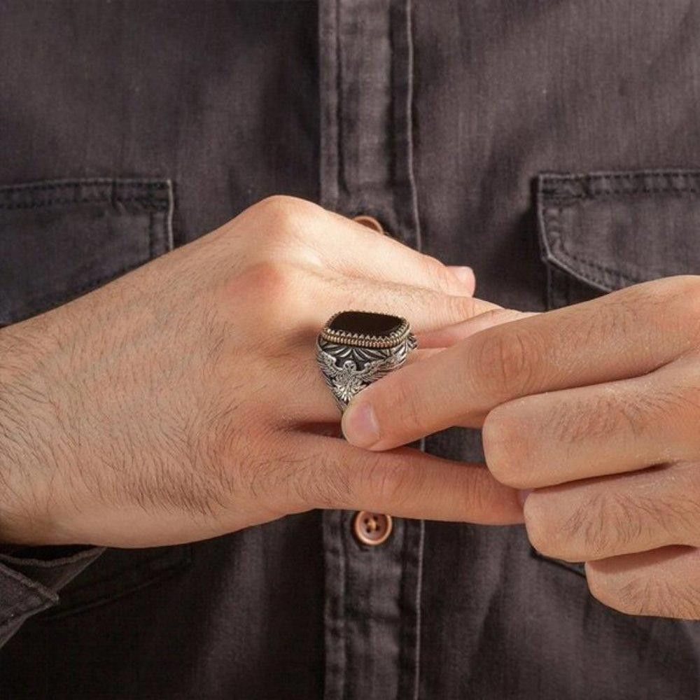 Designer Men's Golden Black Eagle Big Retro Silver Ring - Size 6 Size ONE SIZE - 9 Thumbnail