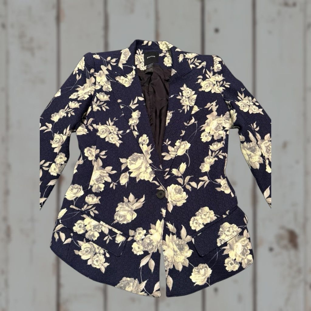 SMYTHE Smythe Blazer Women Floral Navy One-Button Size 4 Blue Tweed Linen Short Coat Jacket Business Casual Fall Spring Winter Canada Size S / US 4 / IT 40 - 1 Thumbnail
