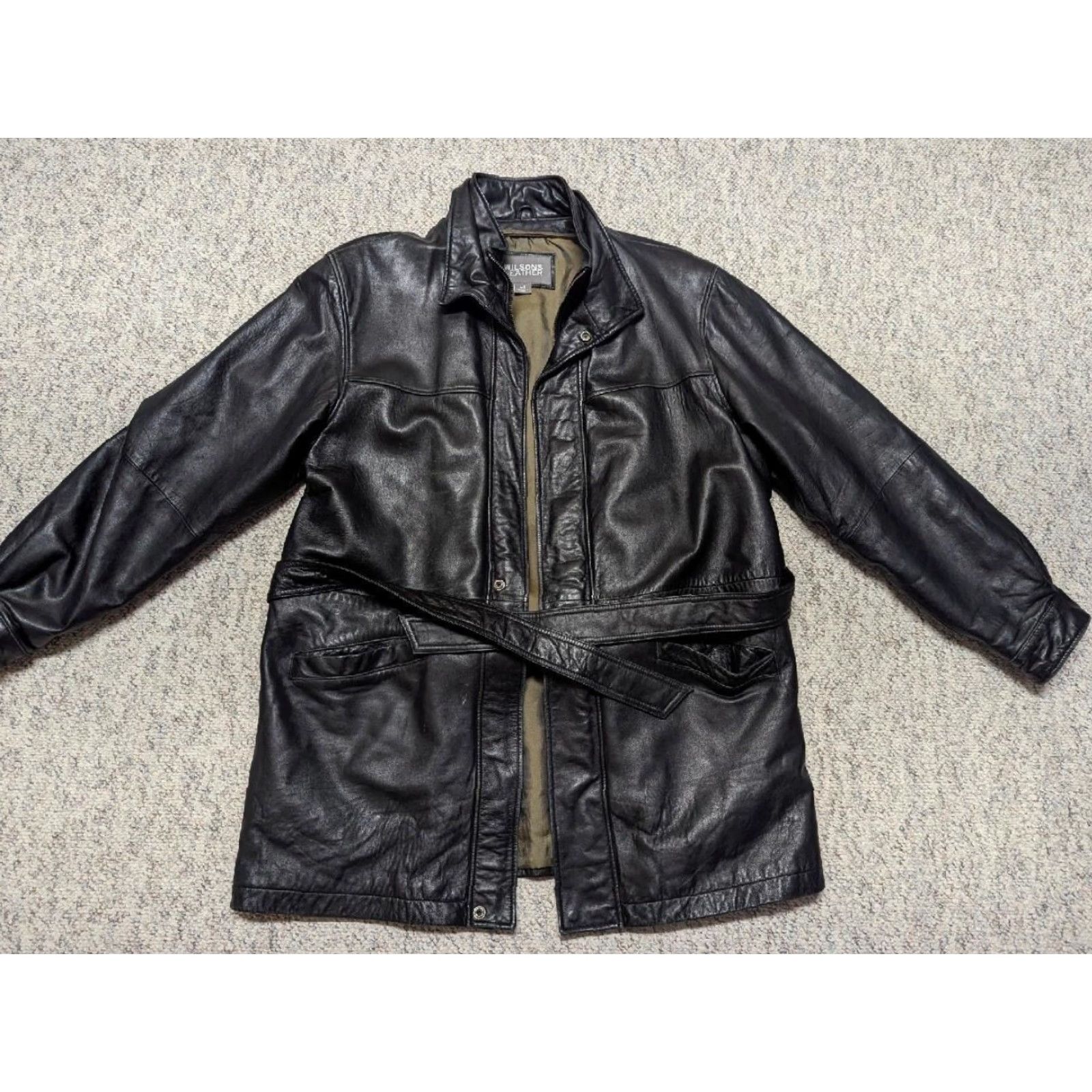 Vintage VINTAGE WILSONS LEATHER Coat LT belted leather black jacket overcoat 1990s Lambskin Mens LT 44-46 36" 24.5" 21" 26.5" zip snap belted Size US L / EU 52-54 / 3 - 7 Thumbnail