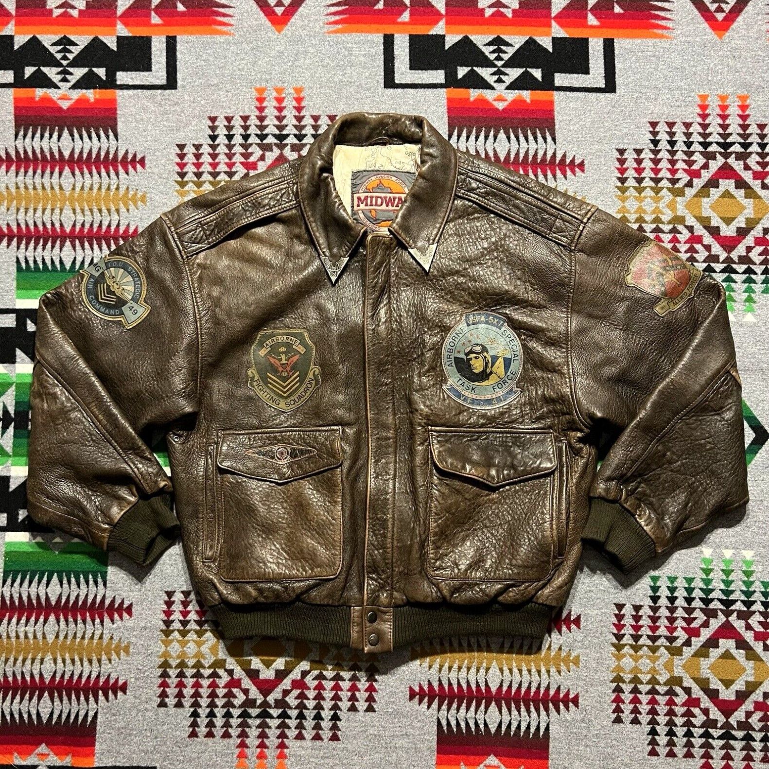 Image of Vintage Midway Leather Bomber Jacket Men’S Size XL Brown Military Patch Zip B2 in White, Men's