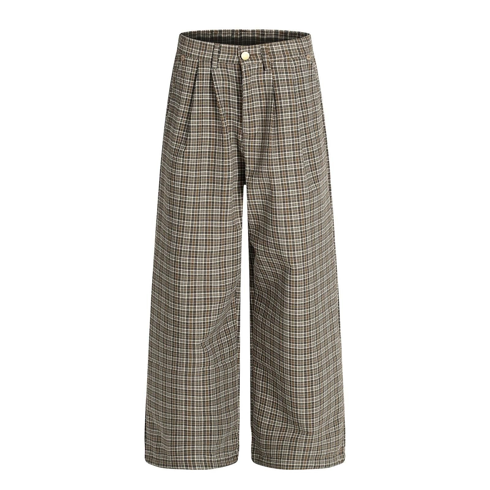 Vintage Brown Plaid Wide Leg Casual Pants, Loose Fit Trousers Size US 30 / EU 46 - 1 Thumbnail