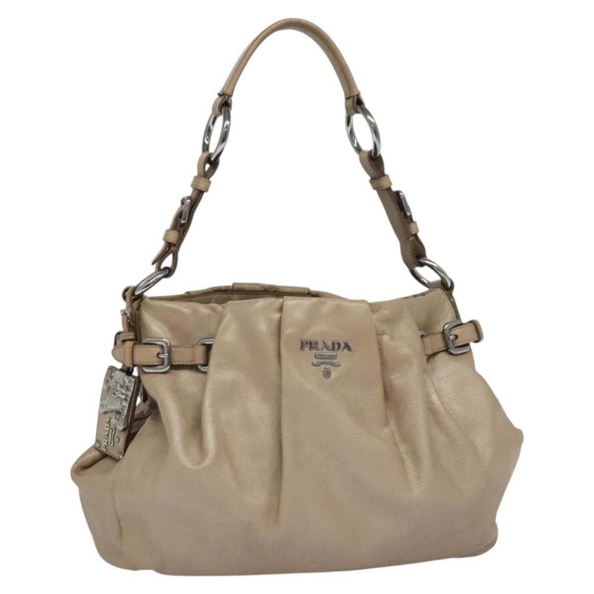 Prada Shoulder Bag Leather Beige Silver Auth Ep7904 in Beige/Silver, Women's