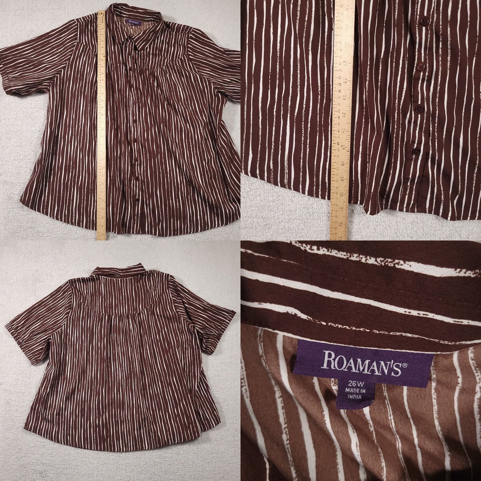 Vintage Roamans Button Up Shirt Women's 26W Brown Striped Short Sleeve Collared Casual Size 4XL / US 24-26 - 8 Thumbnail