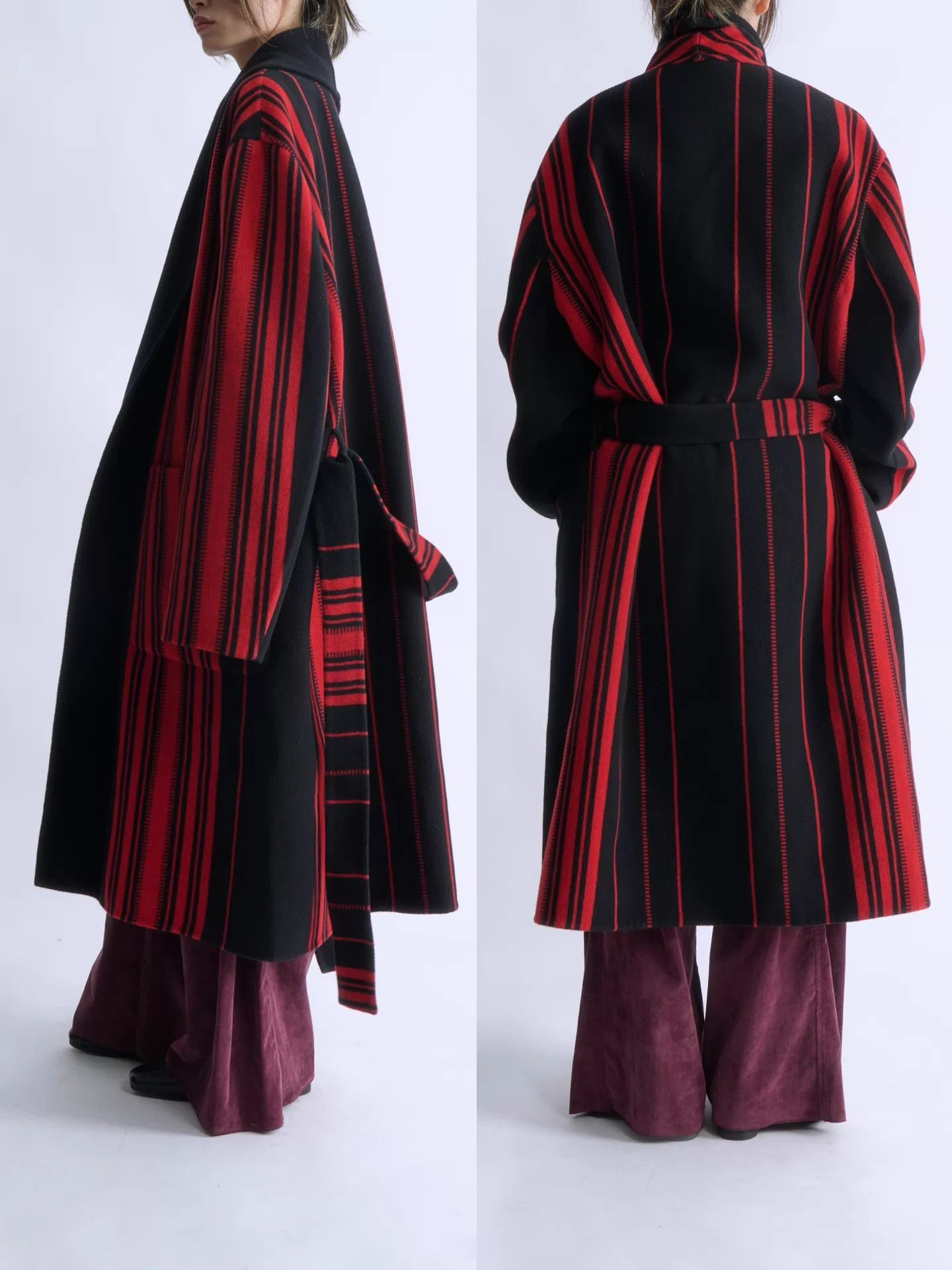 Loewe LOEWE Men’s Red Black Stripe Wool-Cashmere Belted Jacket Size US M / EU 48-50 / 2 - 3 Thumbnail