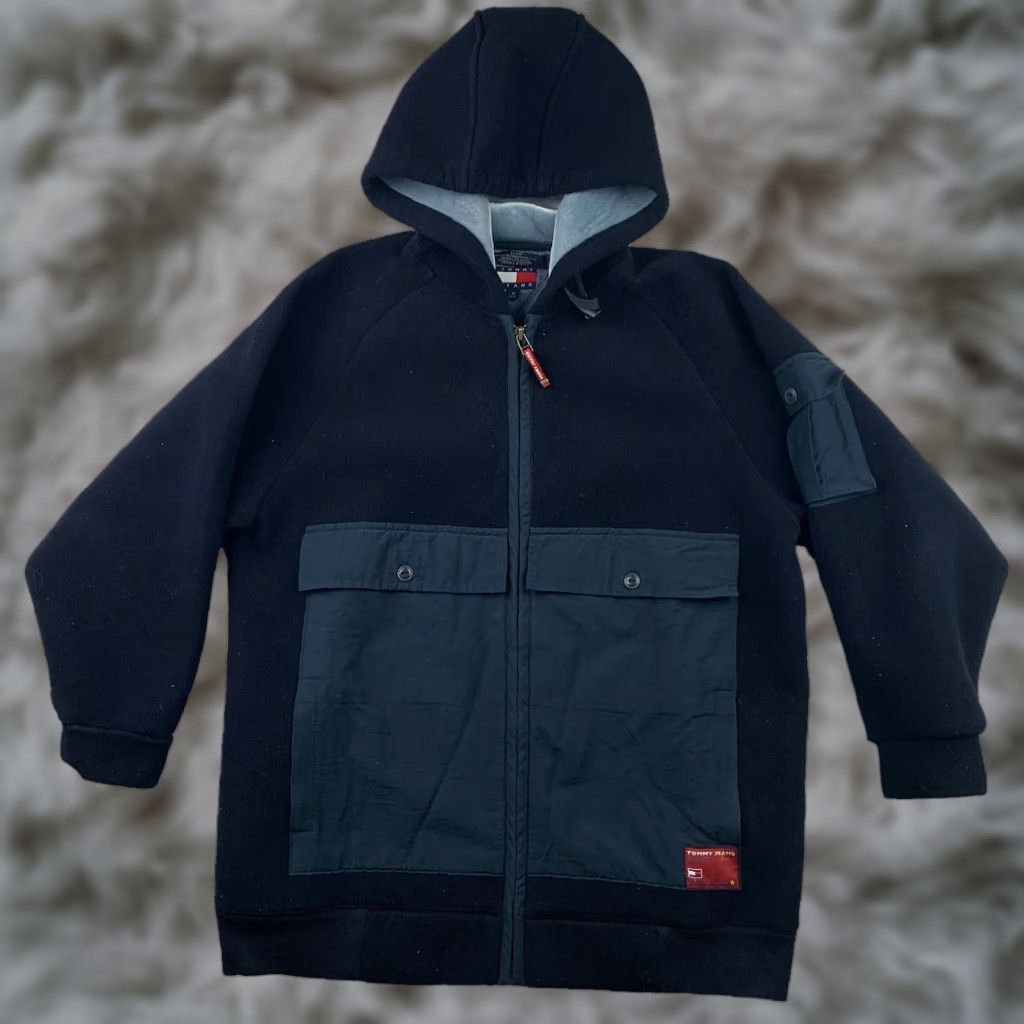 Tommy Hilfiger VTG Tommy Hilfiger Jeans Men’s Fleece Cargo Jacket Hooded Full Zip Blue Medium Size US 31 - 1 Thumbnail