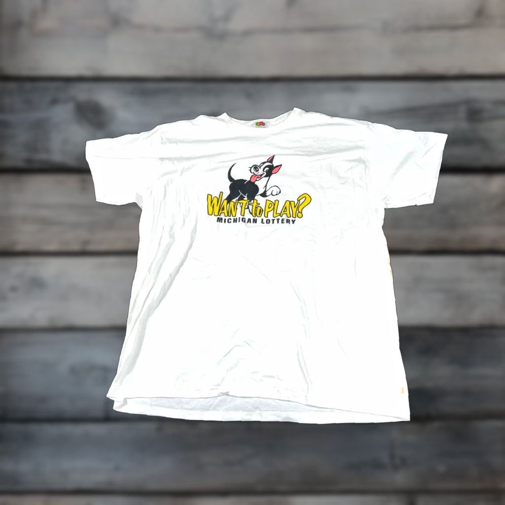 Fruit Of The Loom VTG Michigan Lottery Dog Want to Play T-Shirt Adult XL White Heavyweight Cotton Logo Graphic Tee Mens Retro Fun Hipster 90s? Size US XL / EU 56 / 4 - 1 Thumbnail