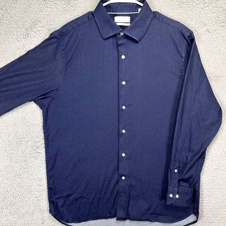 Vintage Hickey Freeman Dress Shirt Mens 17-17.5 Navy Blue Classic Fit Button Up Stretch Breather Easy Care Long Sleeve Barrel Cuff Solid Casual Workwear Shirt Size 46R - 2 Thumbnail