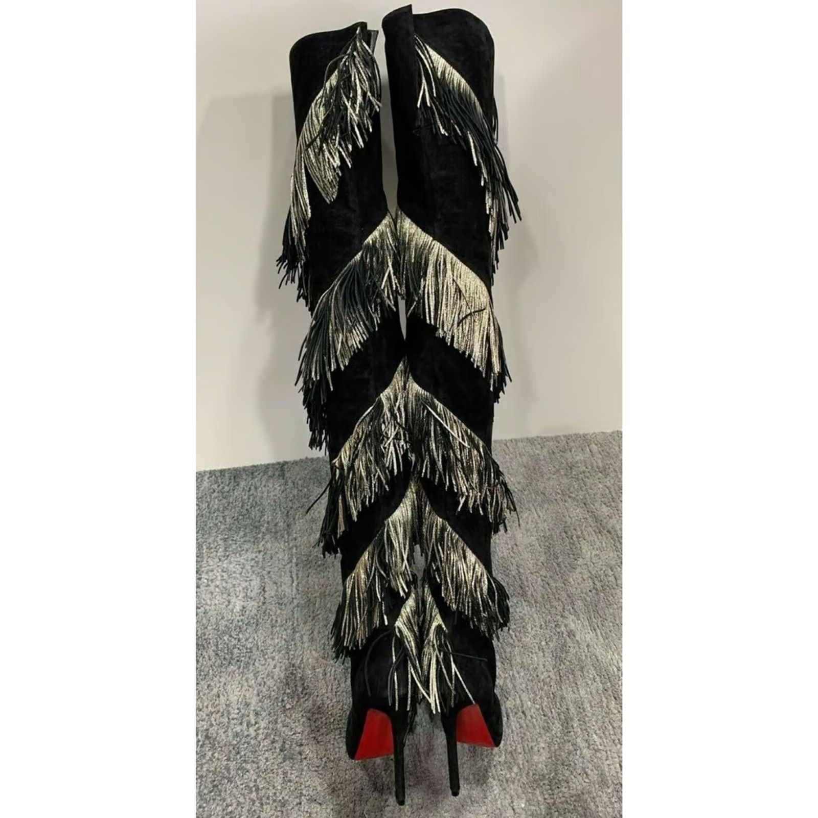 Christian Louboutin Christian Louboutin Bolcheva 120 Black Gold Fring Thigh High Size US 10.5 / IT 40.5 - 2 Thumbnail