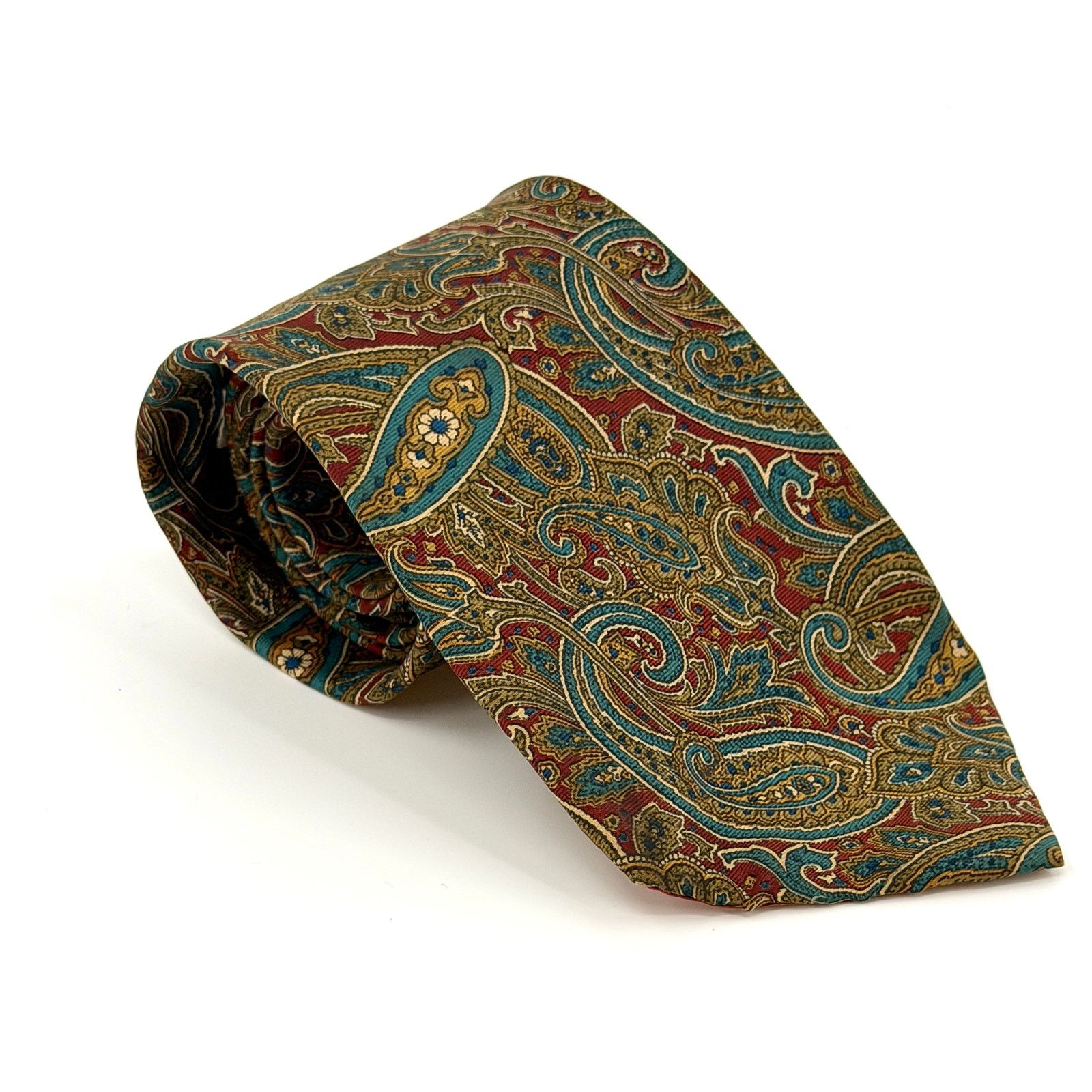 Oleg Cassini Vintage 80s Brick Red 100% Silk Olive Paisley Wide Necktie Size ONE SIZE - 1 Thumbnail