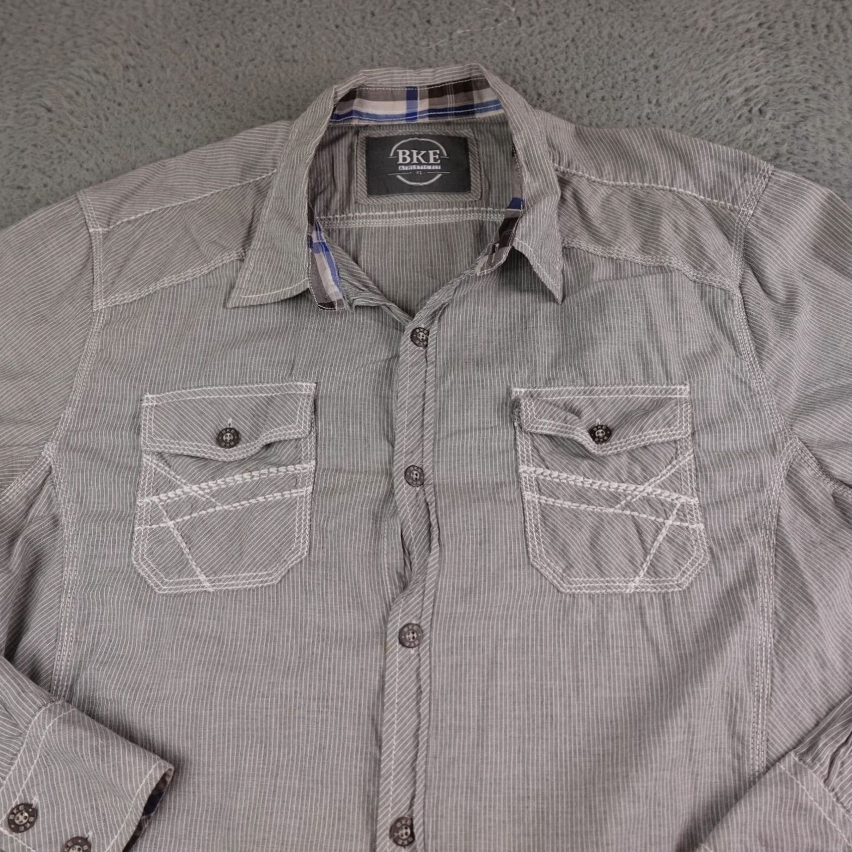BKE Mens BKE Shirt Gray White Striped Athletic Fit Long Sleeve Button XL Size US XL / EU 56 / 4 - 3 Thumbnail