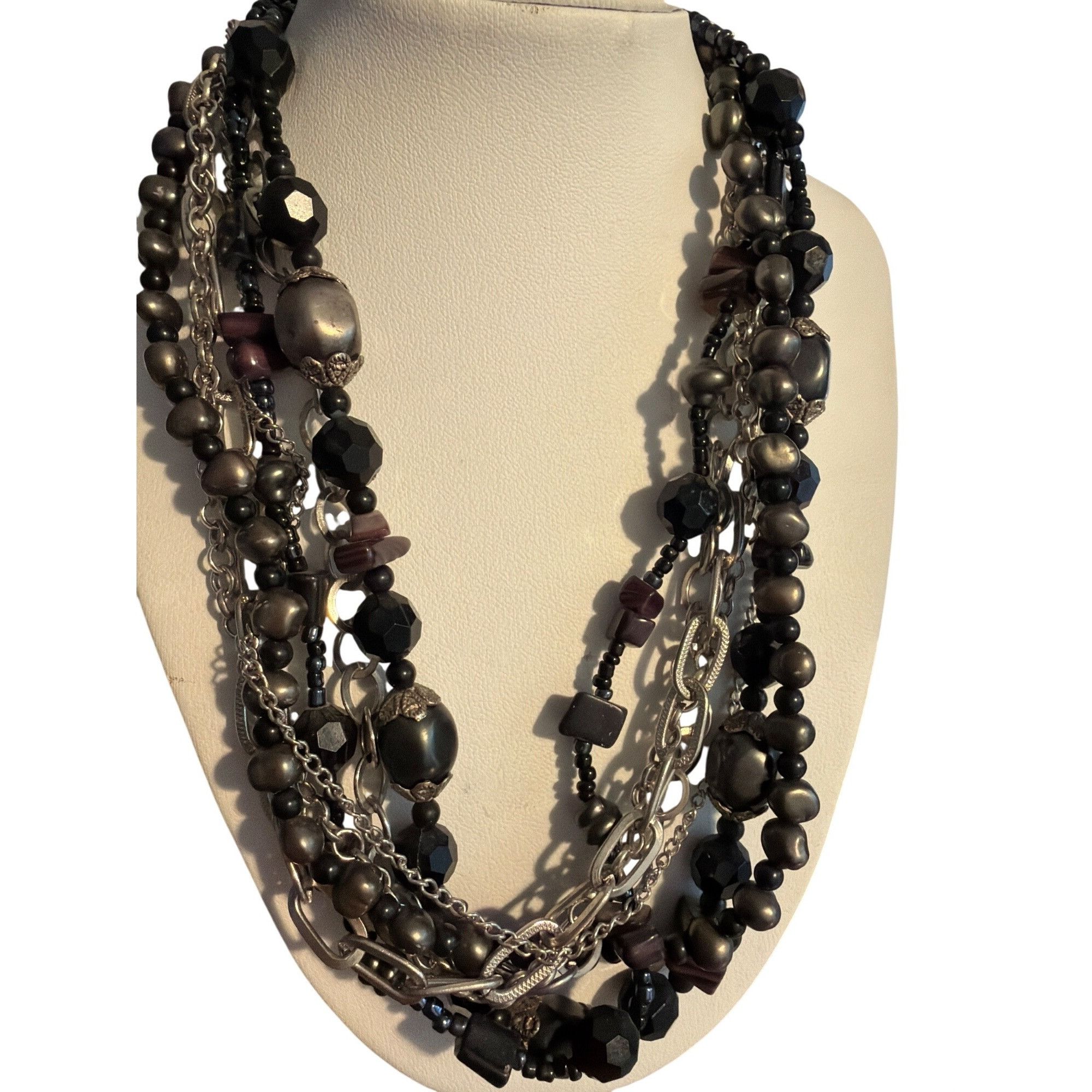 Other Multi Strand Black Silver Tone Beaded Necklace Chains Beads Size ONE SIZE - 1 Thumbnail
