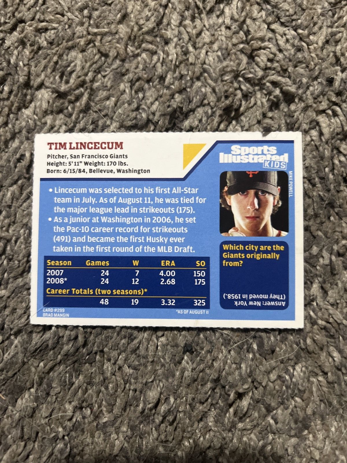 MLB 2008 Sports Illustrated Kids #299 Tim Lincecum Card Size ONE SIZE - 2 Thumbnail