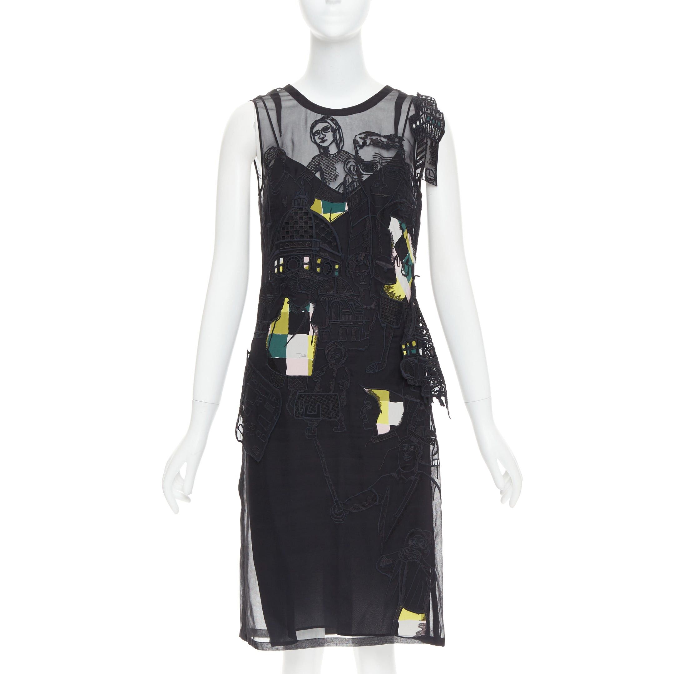 Emilio Pucci EMILIO PUCCI black sheer people embroidered colorful inserts sheer dress IT40 S Size S / US 4 / IT 40 - 1 Thumbnail