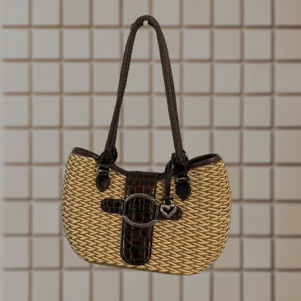 Brighton Leather Straw Handbag Medium Tan Tricolor Weave Braided
