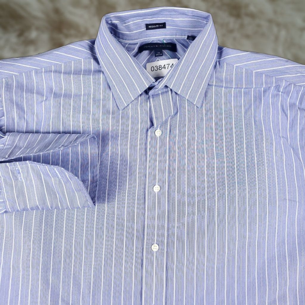 Tommy Hilfiger VINTAGE Tommy Hilfiger Shirt Mens 17 Blue Striped Dress Button Up Long Sleeve Adult Regular Size 17 Blue Modern Preppy Mens Size 46R - 1 Thumbnail