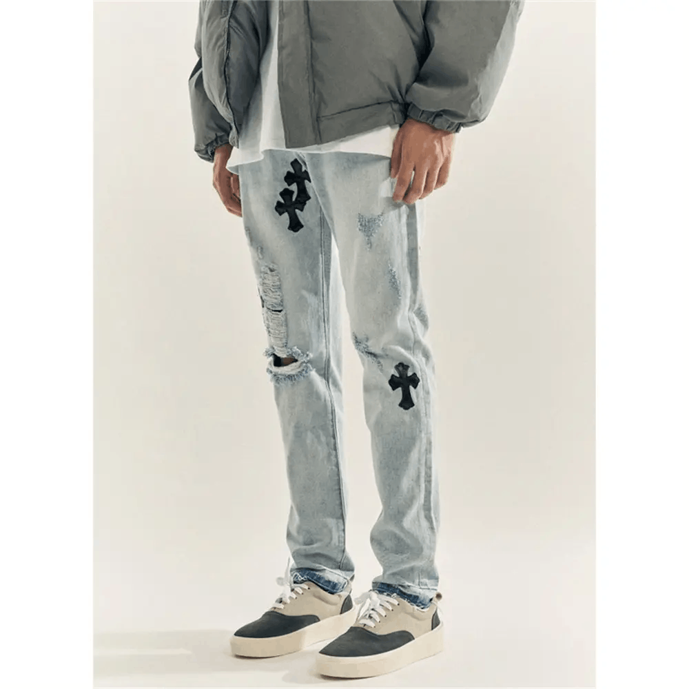 image of Faded Washed Shredded Slim Fit Cross Jeans in Blue, Men's (Size 33)