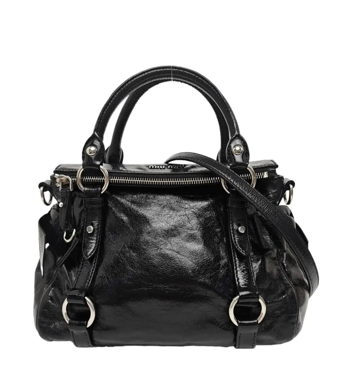 Miu Bow Black Cowhide Leather Shoulder Bag Handbag Crossbody Bag Silver Hardware, Women's