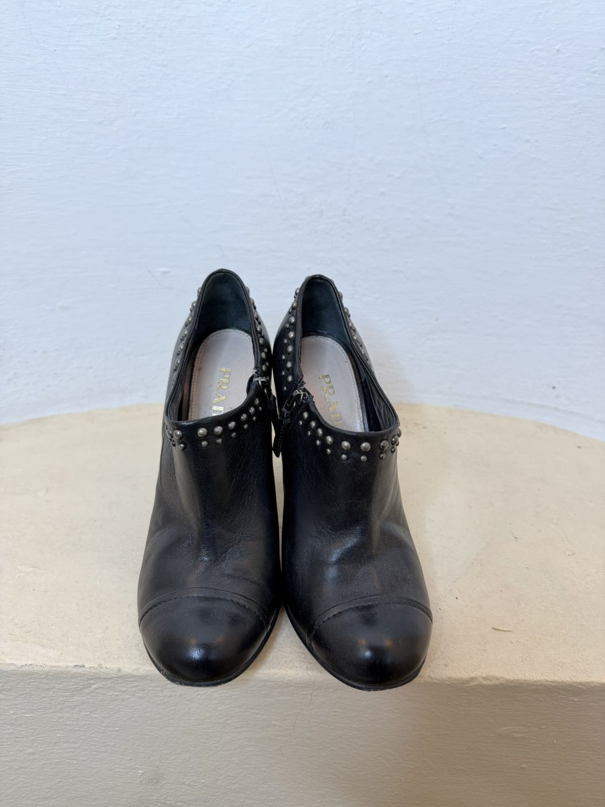 Prada Prada Leather Heels Top Studded Low Ankle Boots Nero Size 37 Size US 7 / IT 37 - 3 Thumbnail