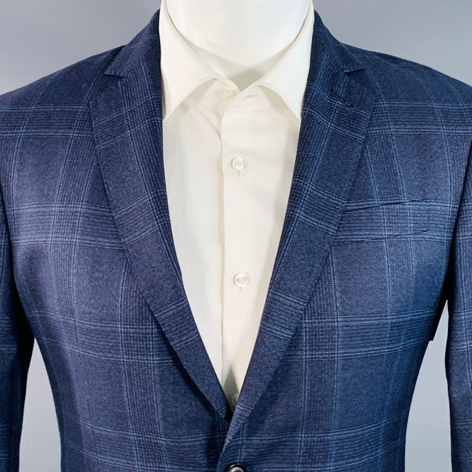 Brooklyn Tailors Size 38 Regular Blue Plaid Wool Notch Lapel Sport Coat Size 38R - 2 Thumbnail