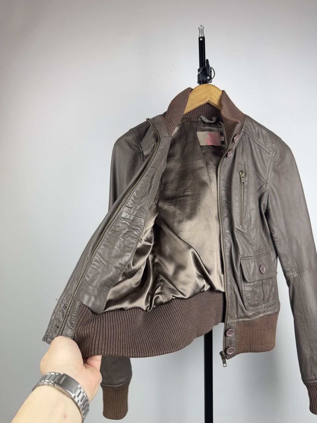 Genuine Leather Saint Tropez Cropped Rock Punk Leather Bomber Jacket XS Y2K Size XS / US 0-2 / IT 36-38 - 16 Thumbnail