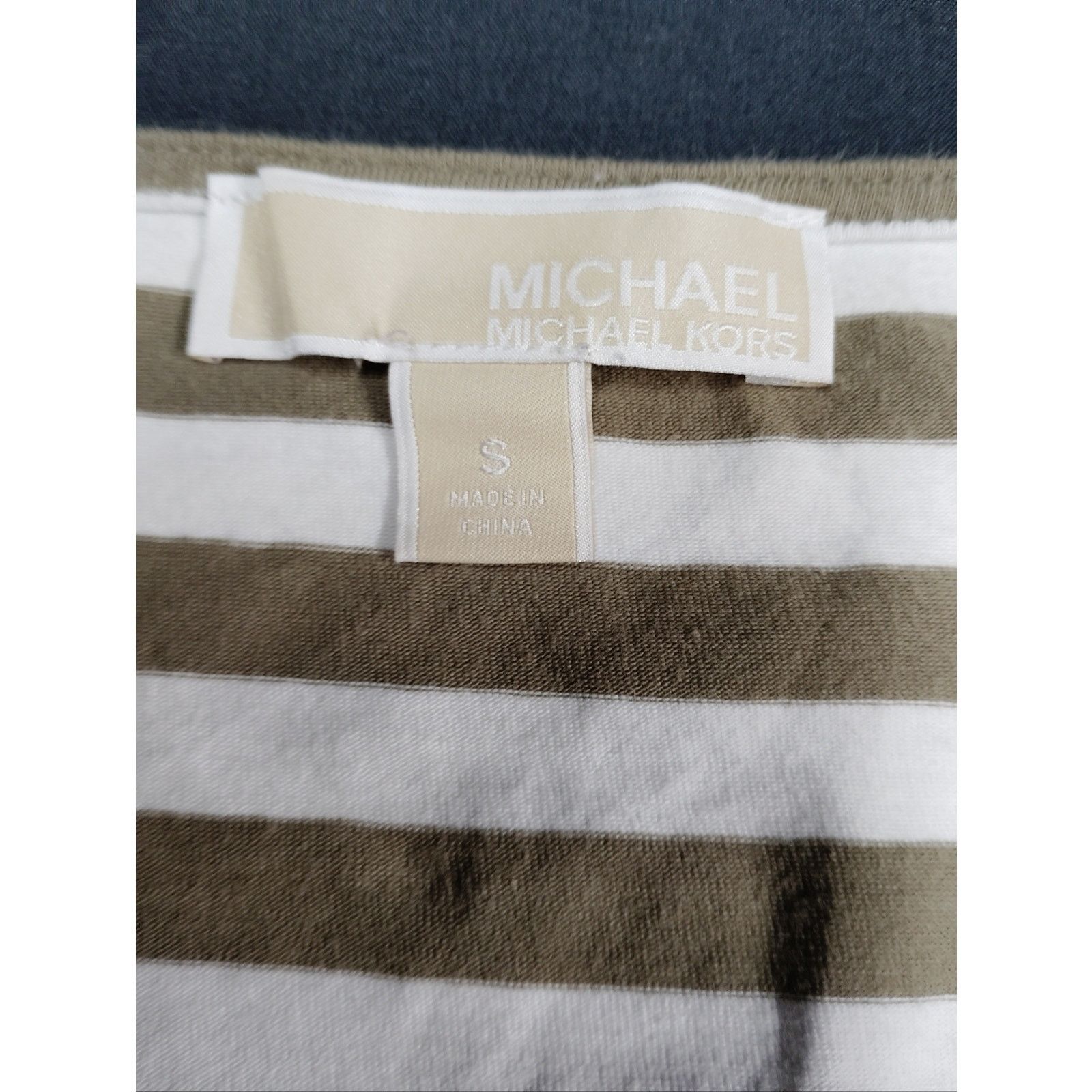 Michael Kors Michael Kors Striped V-Neck Zip Front Top Khaki & White Size S / US 4 / IT 40 - 3 Thumbnail