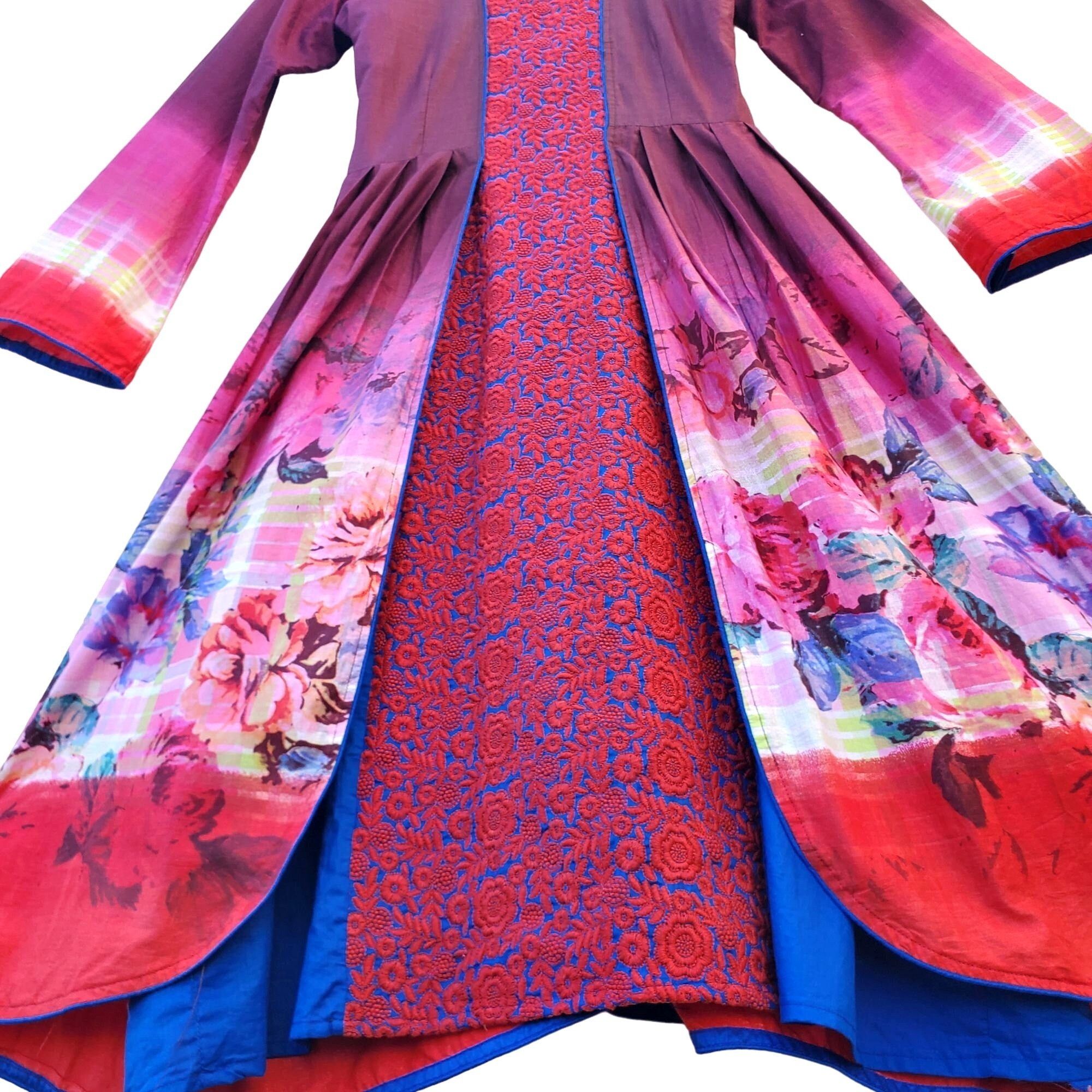 Other Long Sleeve Dress Floral Red Blue Embroidered Patchwork Kame Size S / US 4 / IT 40 - 4 Thumbnail