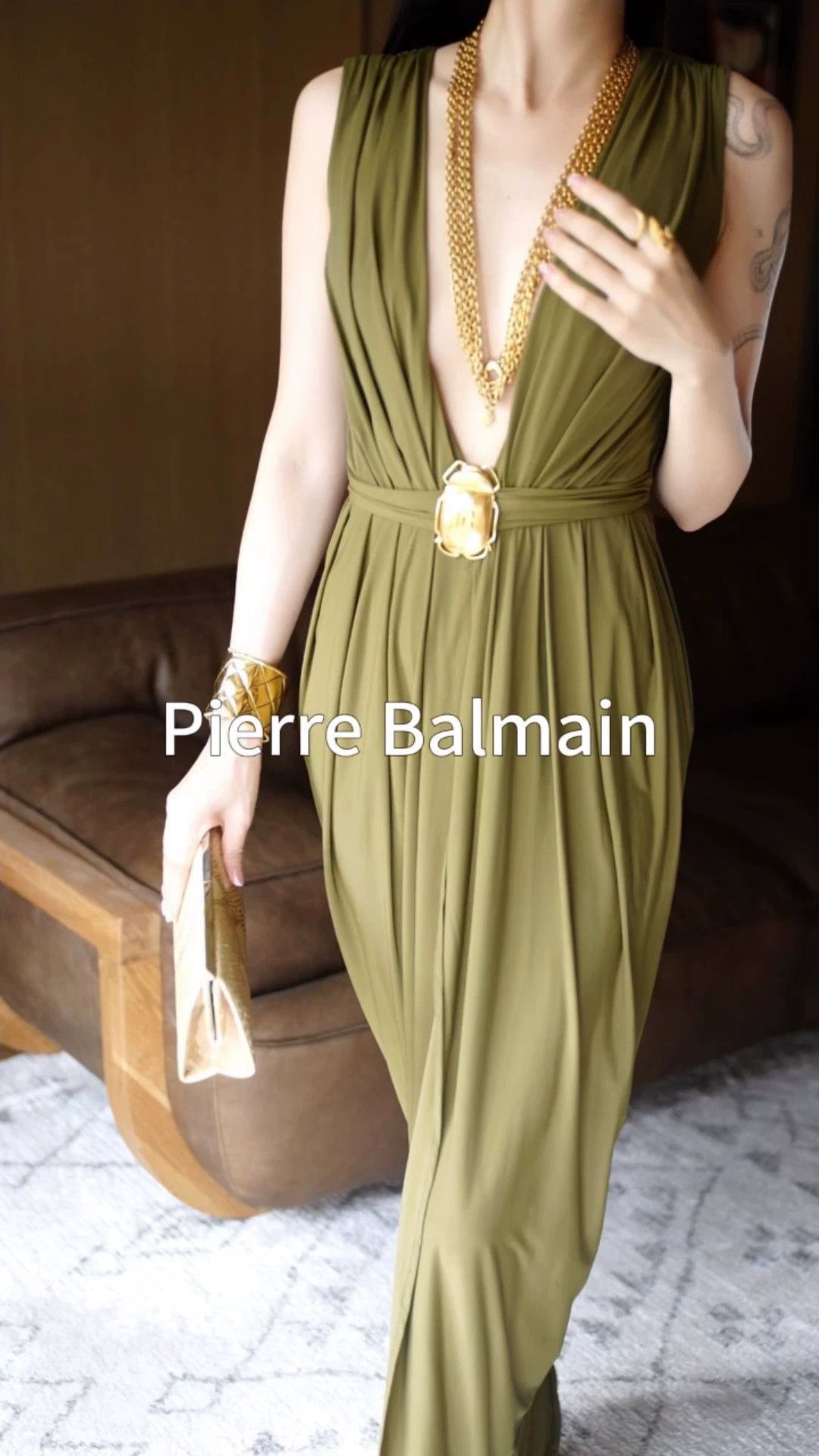 Balmain Balmain Egyptian Scarab Deep V Moss Green Long Dress Size M / US 6-8 / IT 42-44 - 1 Thumbnail