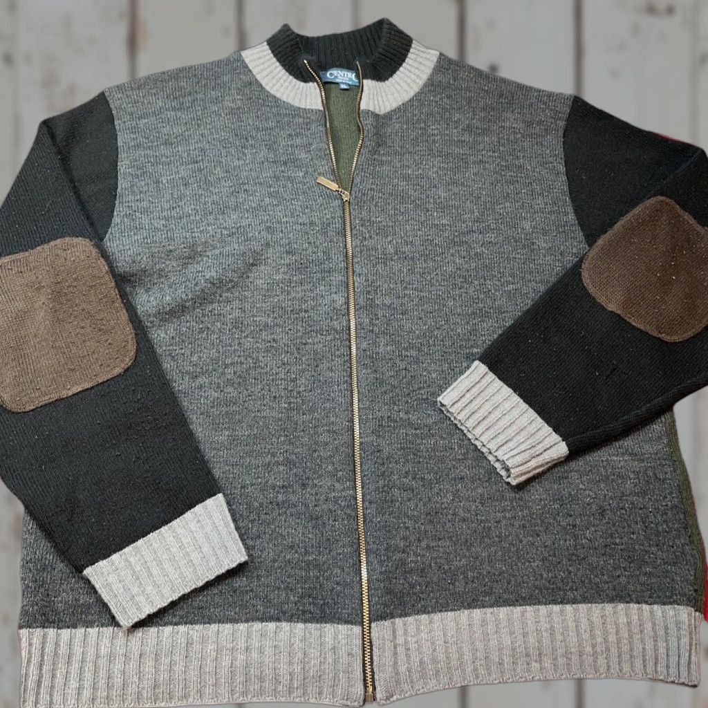 Vintage VINTAGE Centro Maglia Italian Zip Sweater Jacket WOOL BLACK GRAY Tan elbow Pads Mens XL Size US XL / EU 56 / 4 - 1 Thumbnail