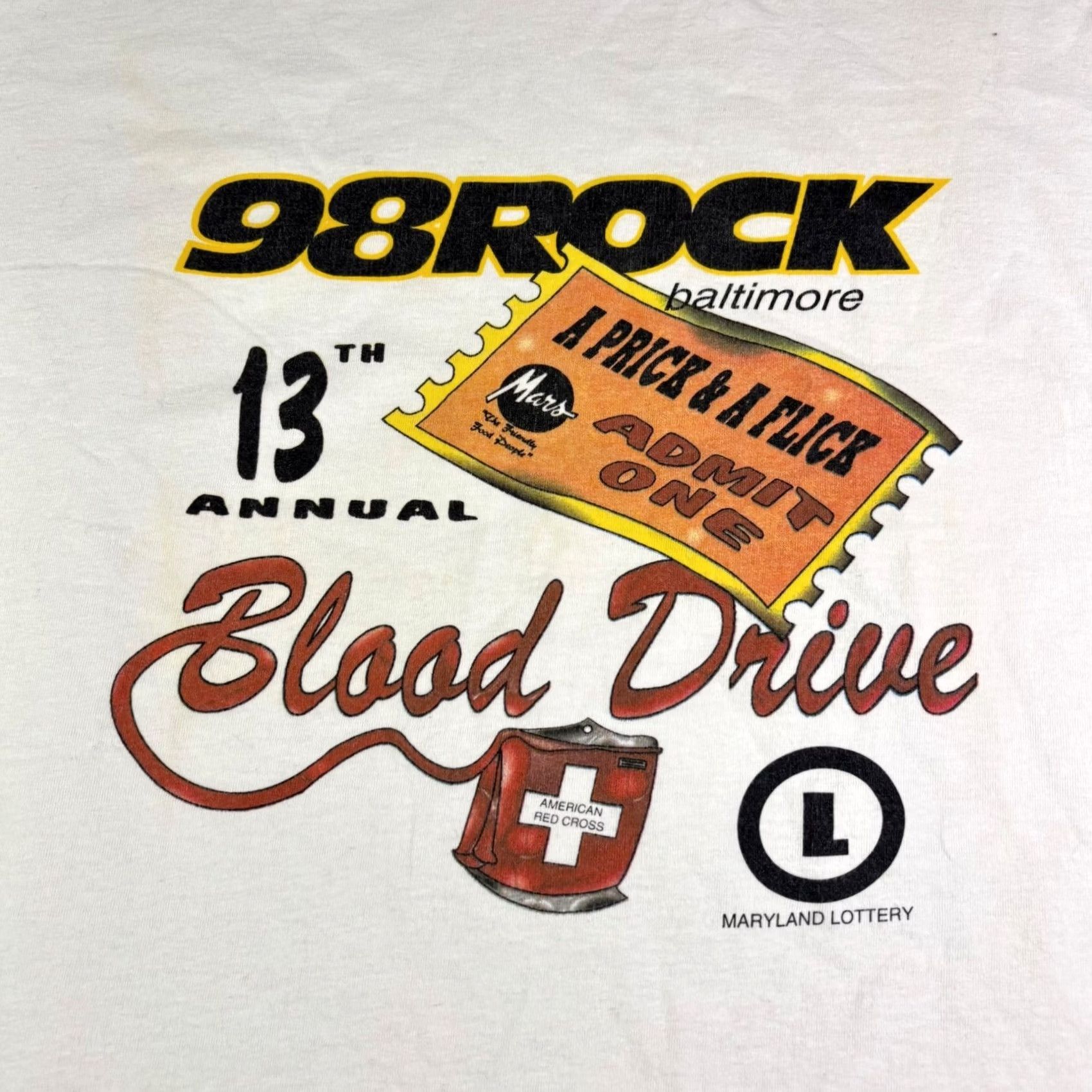 Vintage Vintage 98ROCK Baltimore Blood Drive Shirt Mens XL White Radio Promo Graphic - Original Size US XL / EU 56 / 4 - 6 Thumbnail