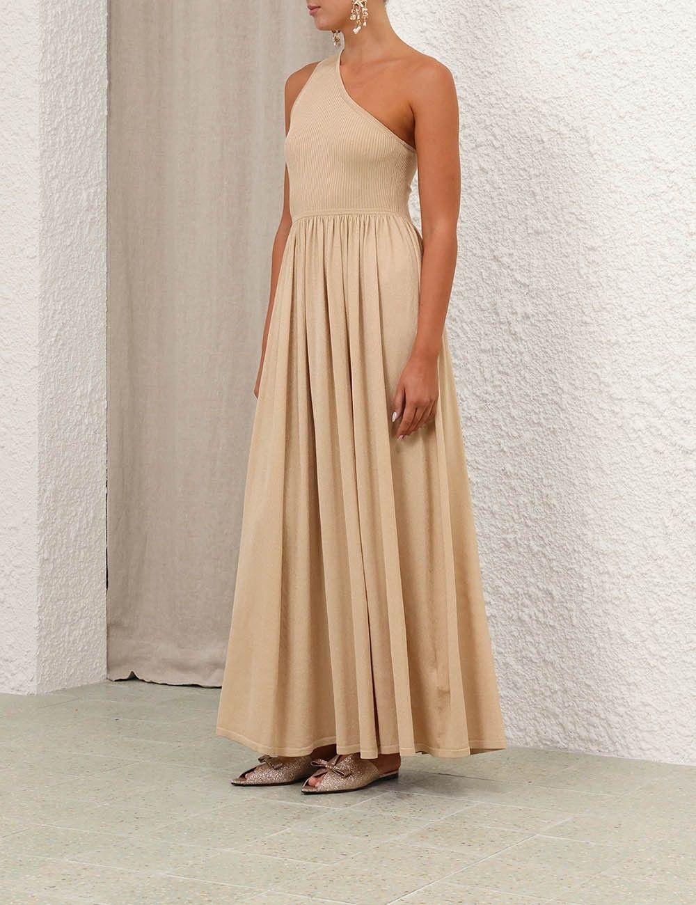 Zimmermann oc11z1025 Crush Metallic Asymmetric Maxi Dress in Beige Size L / US 10 / IT 46 - 8 Thumbnail
