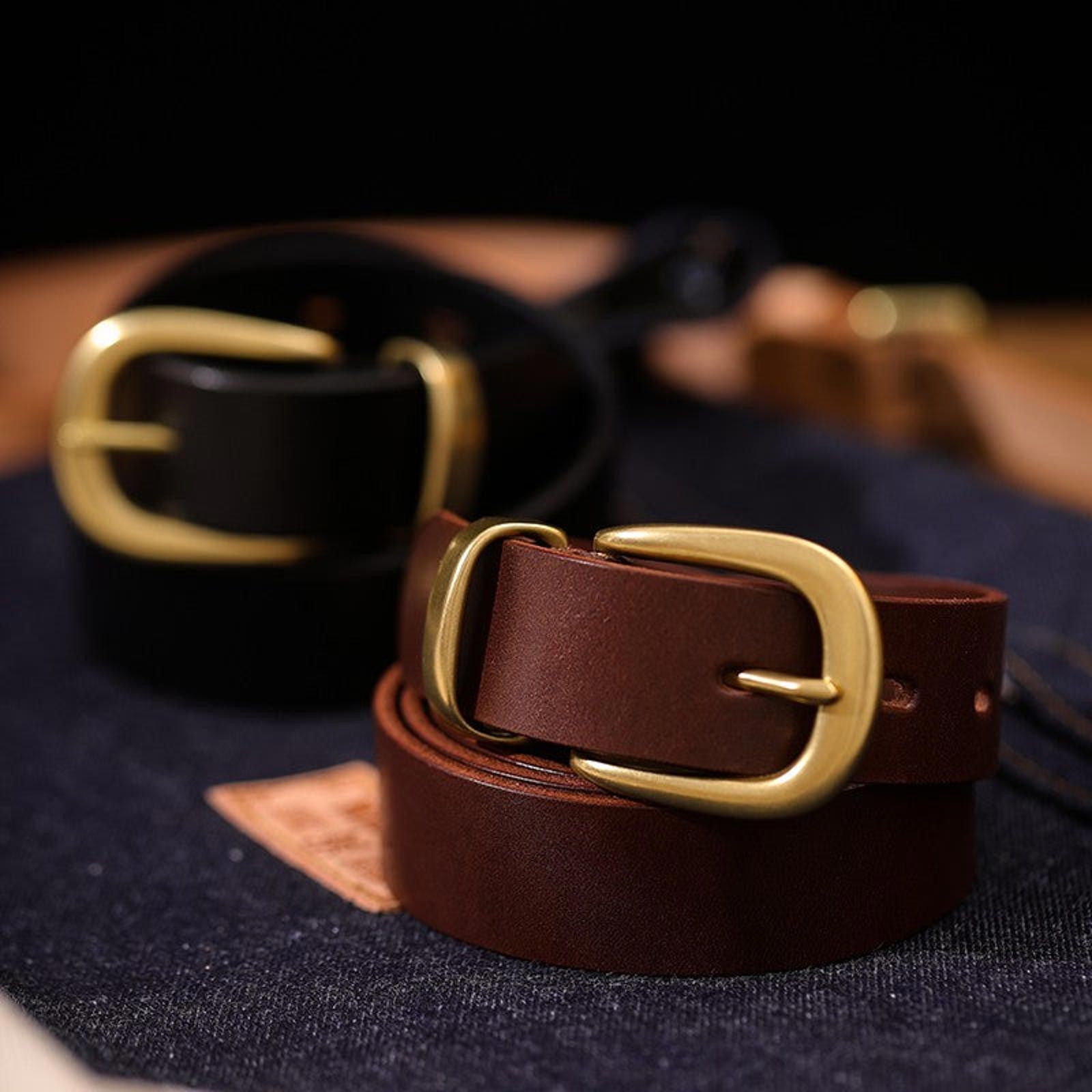 Leather × Vintage Retro Leather Belt – Hand-Sewn Veg-Tan, Minimal Design Size ONE SIZE - 3 Thumbnail