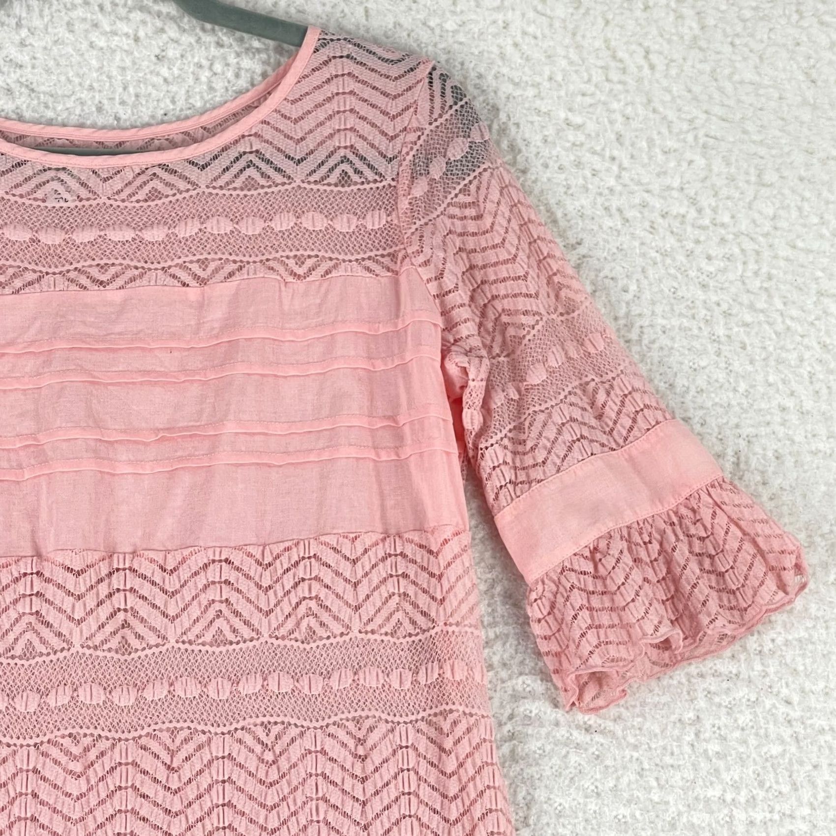 Vintage Kimchi Blue Pink Lace A-Line Dress Womens Medium Bell Sleeve Ruffle Floral Casual Bohemian Short Dress Size M / US 6-8 / IT 42-44 - 4 Thumbnail