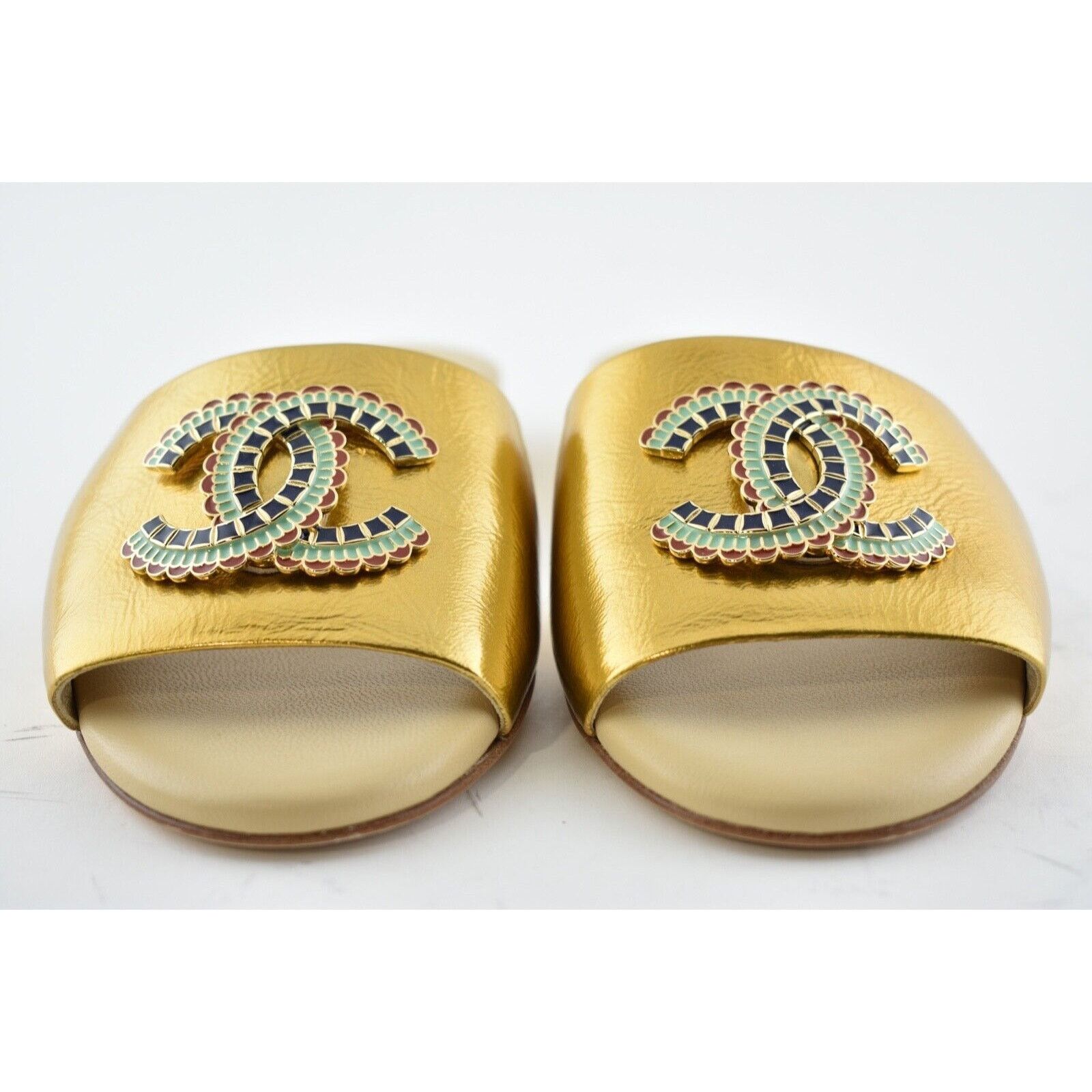 Chanel Chanel 19A Gold Laminated Lambskin CC Red Logo Slide Size US 6 / IT 36 - 6 Thumbnail
