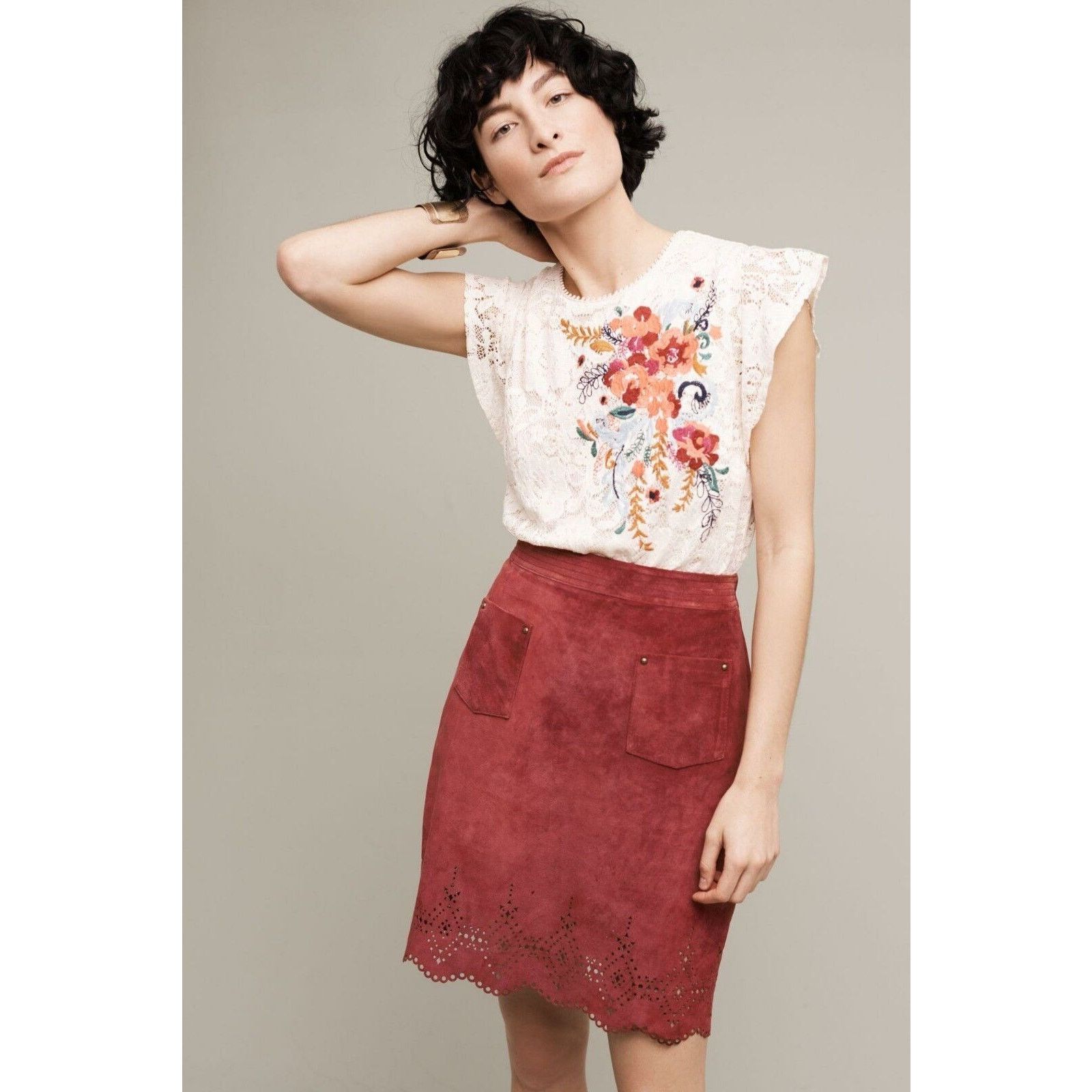 Anthropologie New Anthropologie Napa Laser Cut Leather Skirt by Maeve Sz 6 Size 28" / US 6 / IT 42 - 1 Thumbnail