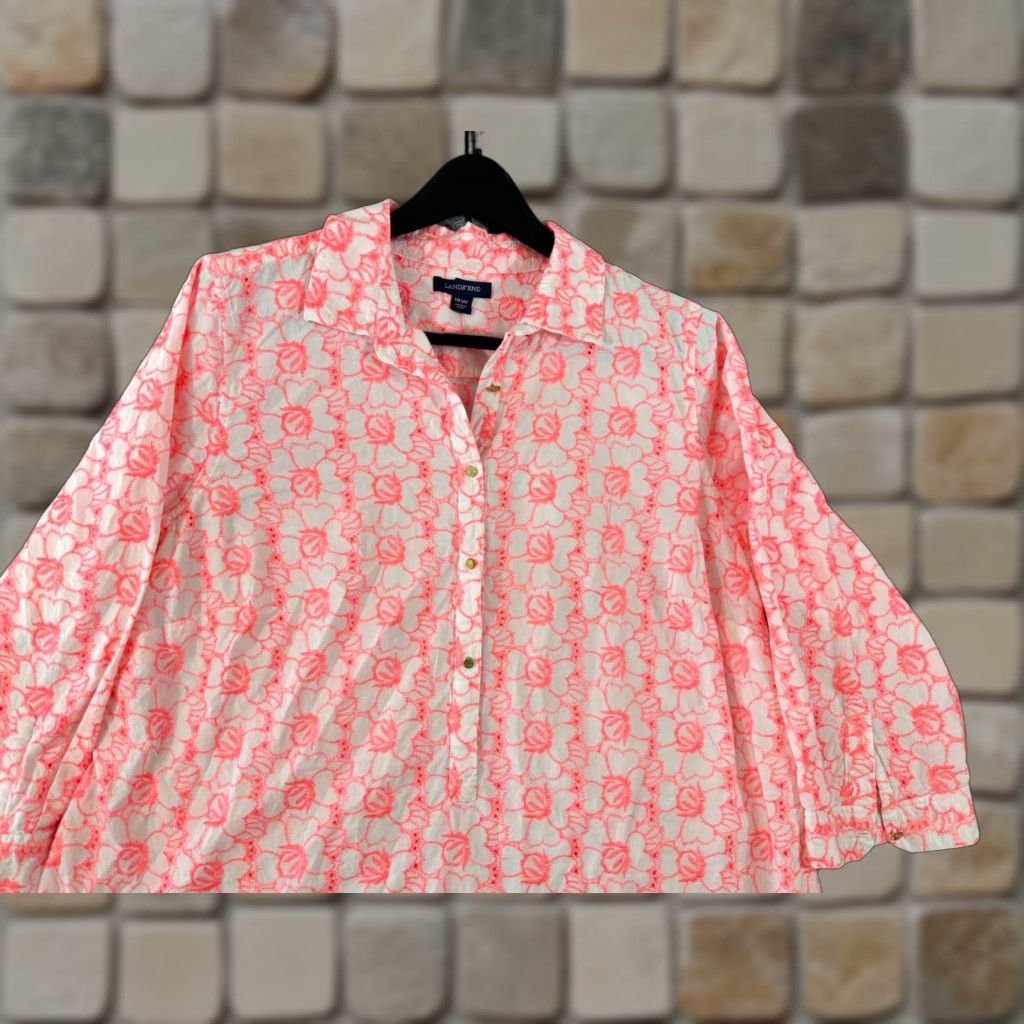 Lands' End Lands' End Shirt Top Womens 18W Hot Pink Floral Embroidered Boho 3/4 Sleeve Collared Shirt Top Womens 18W Size XXL / US 16-18 / IT 52-54 - 1 Thumbnail
