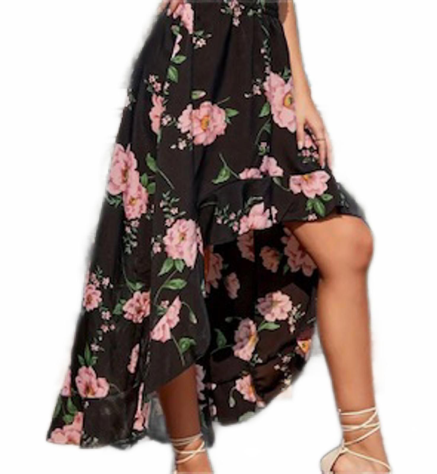 Designer Floral Ruffled Hi-Low Skirt - Black with Pink Flowers Size 42" / US 20 - 2 Thumbnail