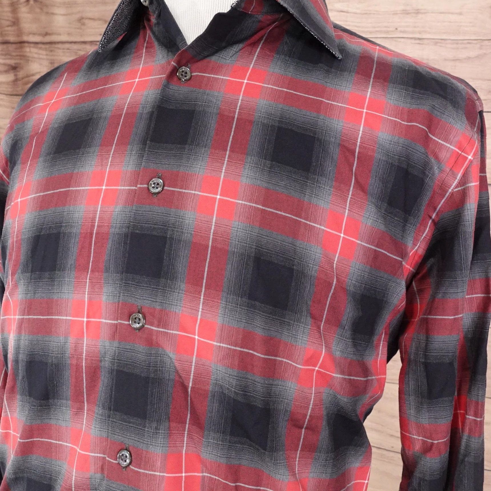 BUGATCHI VINTAGE Bugatchi Shirt Mens Large Red Black Plaid Cotton Button-Up Long Sleeve Casual Dress Size US L / EU 52-54 / 3 - 2 Thumbnail