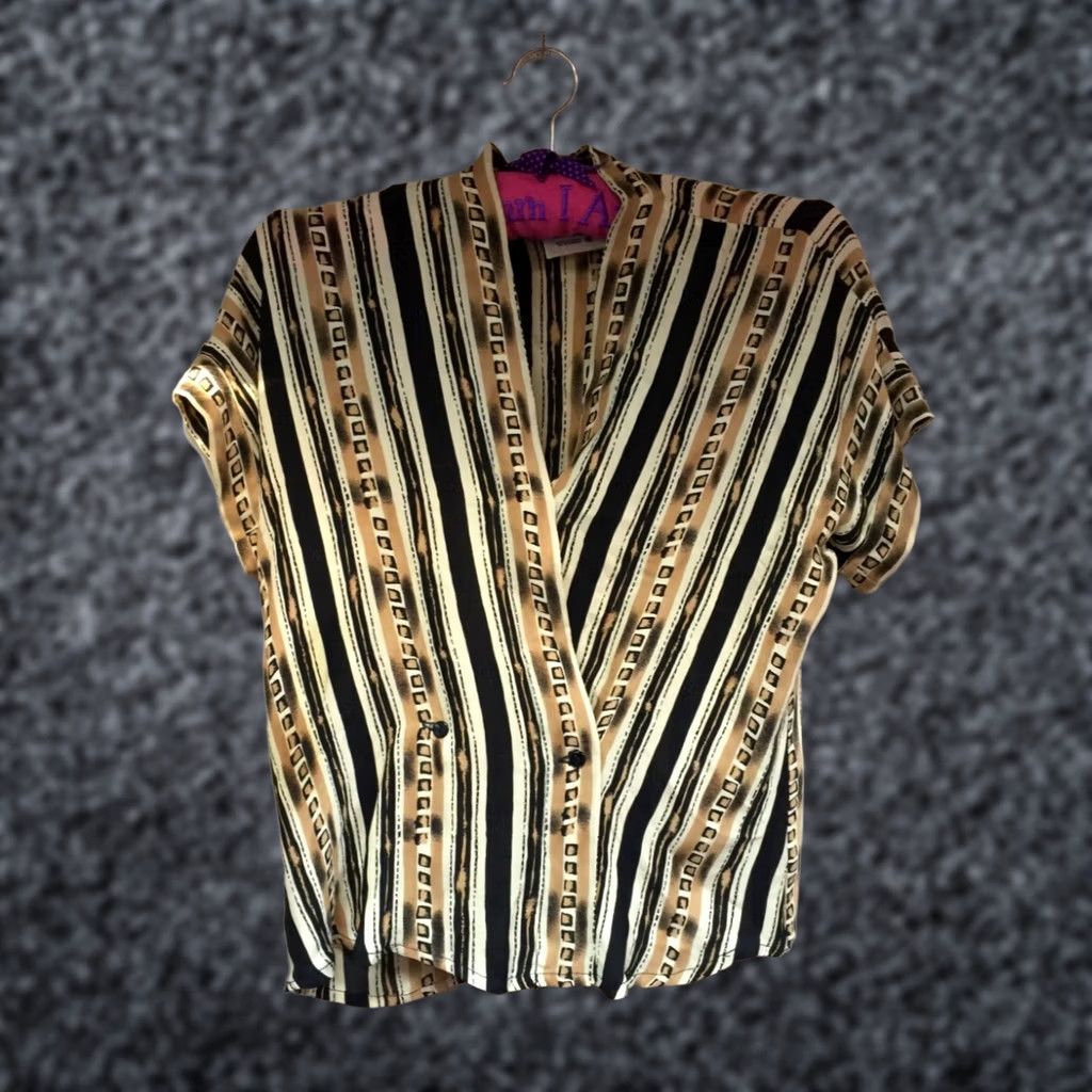 Vintage Peter Nygard Womens Brown Abstract Stripe Silk Wrap Front Top Blouse Sz 4 Casual Size S / US 4 / IT 40 - 1 Thumbnail