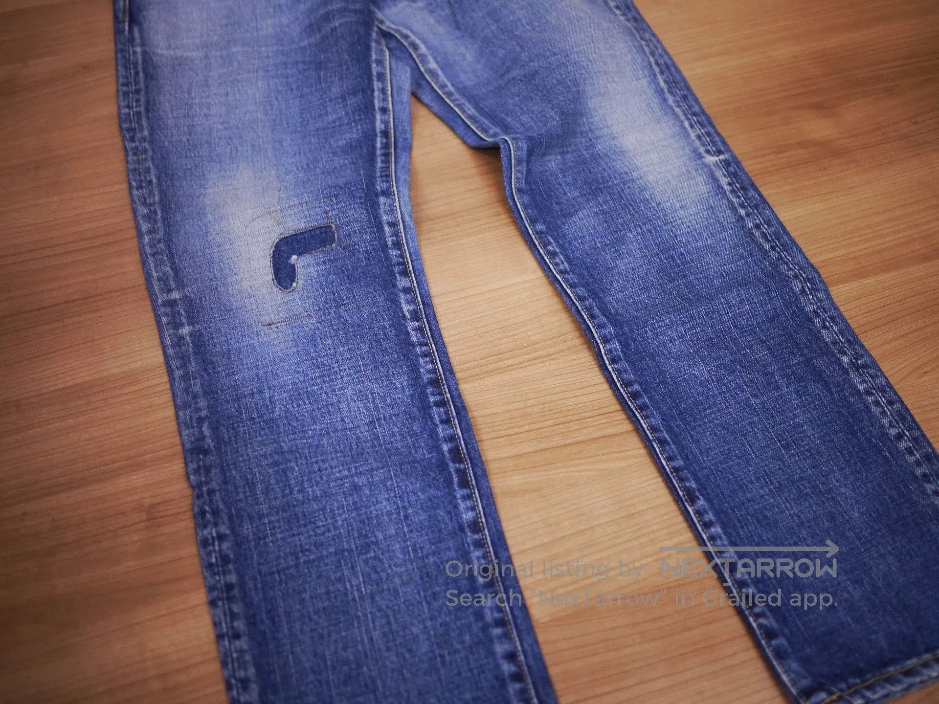 Blue Denim Jeans with Distressed Detail - Size 32.