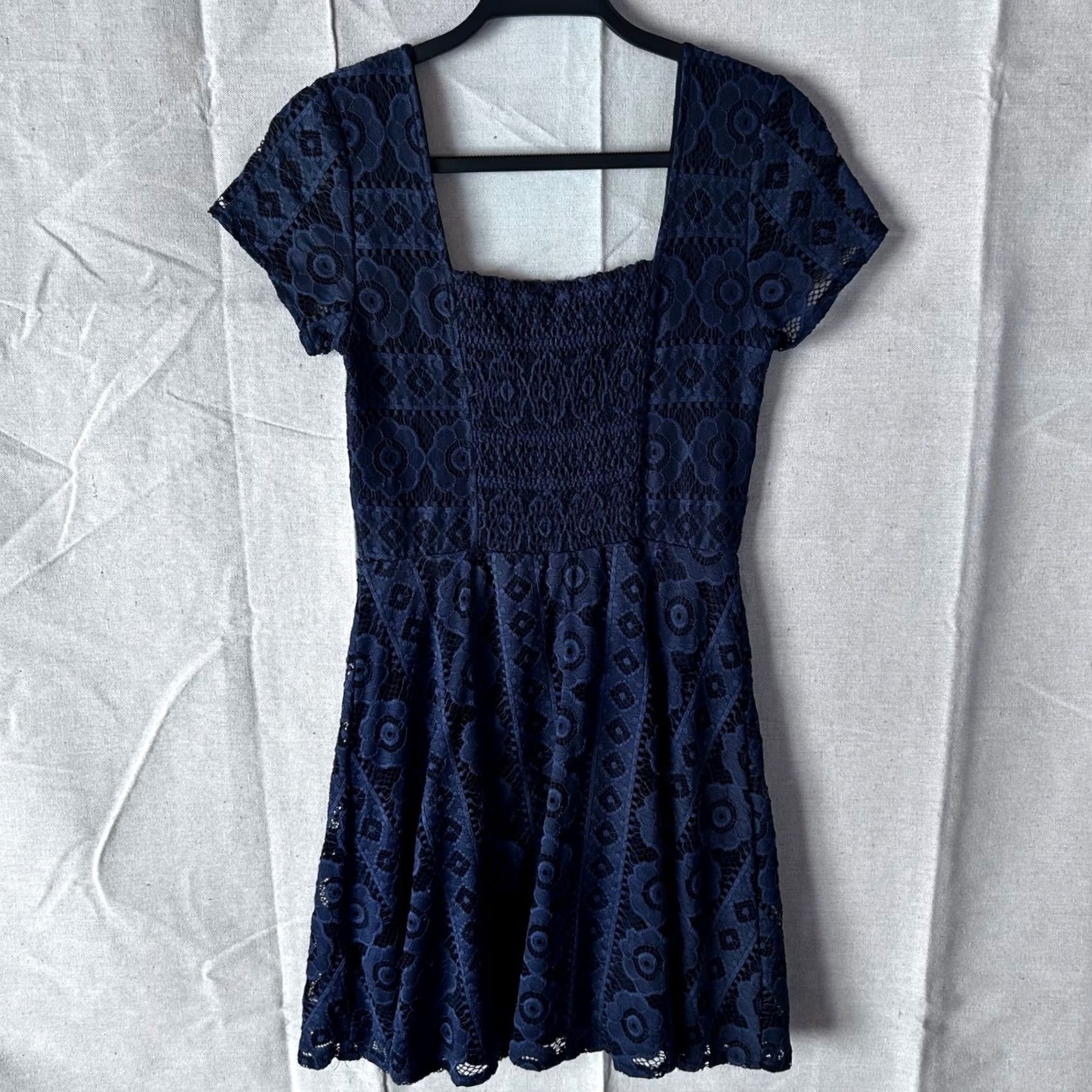 Aeropostale AeroPostale Navy Blue Floral Lace Mini Dress Smocked Back Lace-Up Square Neck Short Sleeve Womens M Neutral Size M / US 6-8 / IT 42-44 - 3 Thumbnail