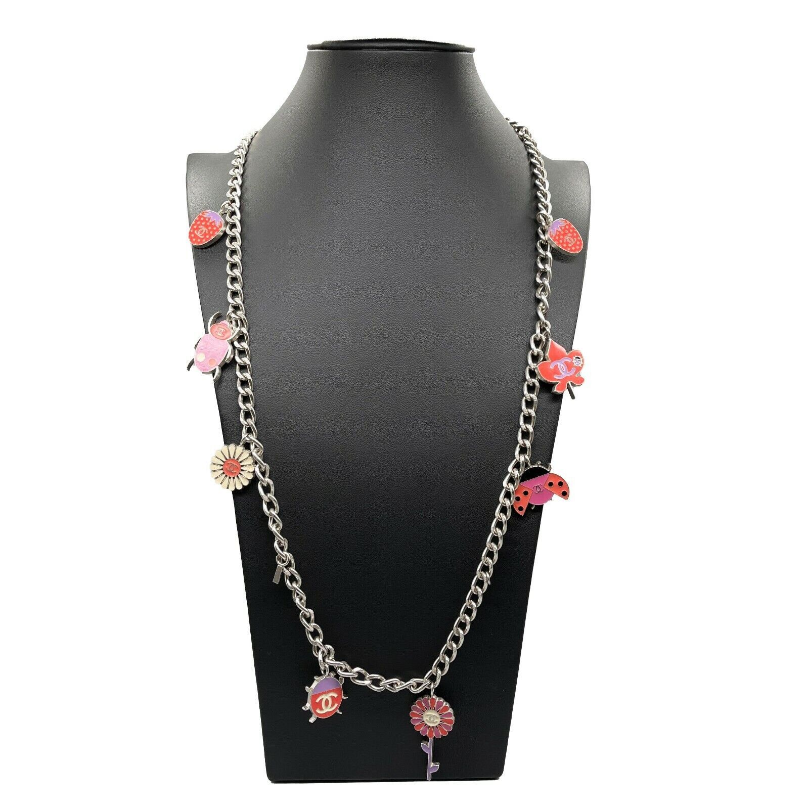image of Chanel- Ladybug Cc Necklace / Belt - Garden Flower Charms 04P Silver, Women's