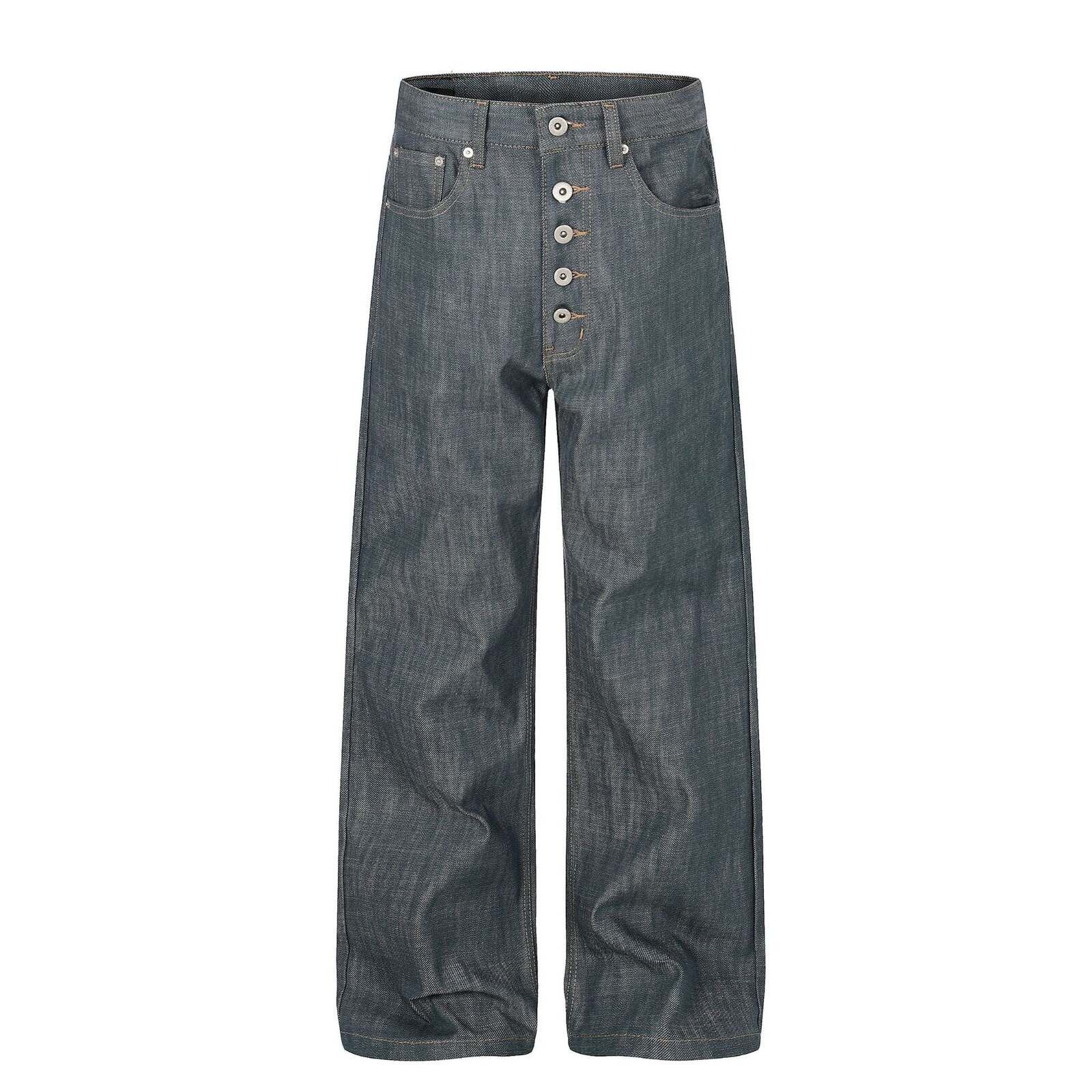 Button Placket Washed Denim | Cotton Straight Leg Dark Green in Blue, Men's (Size 33)