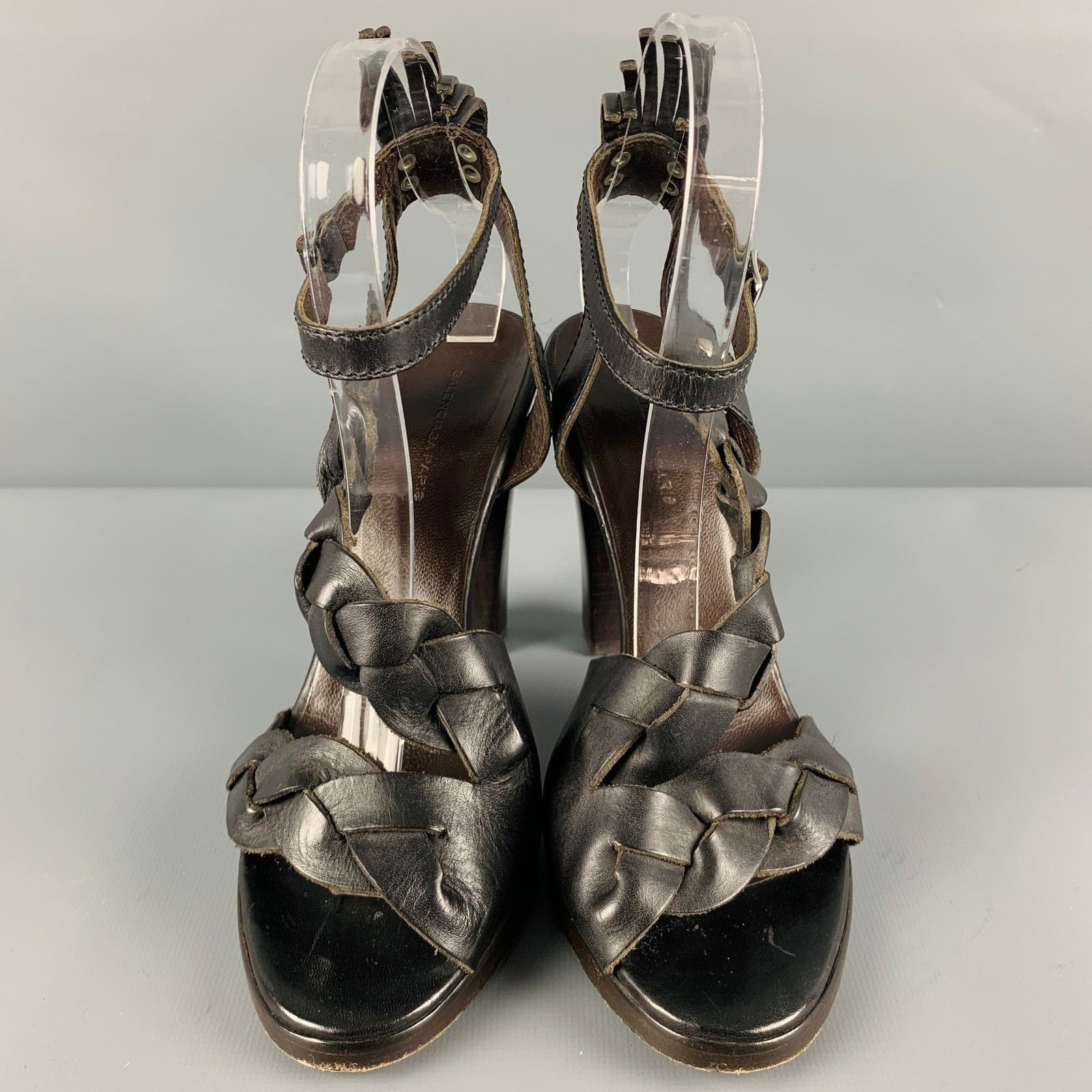 Balenciaga Size 8 Black Brown Leather Braided Chunky Heel Sandals Size US 8 / IT 38 - 4 Thumbnail