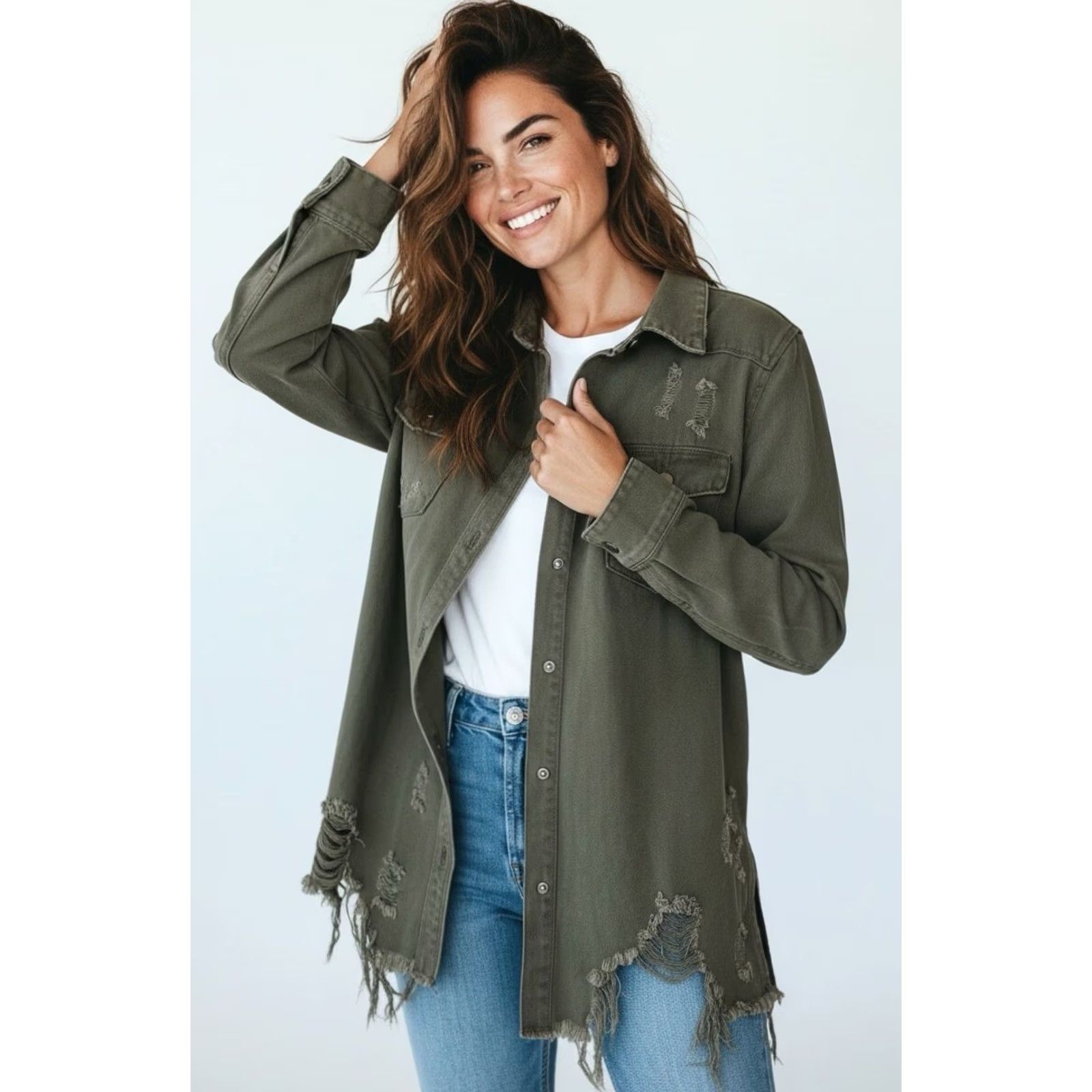 Olive VINTAGE American Bazi Women Olive Green Distressed Denim Button-Up Shacket Jacket L Size L / US 10 / IT 46 - 2 Thumbnail
