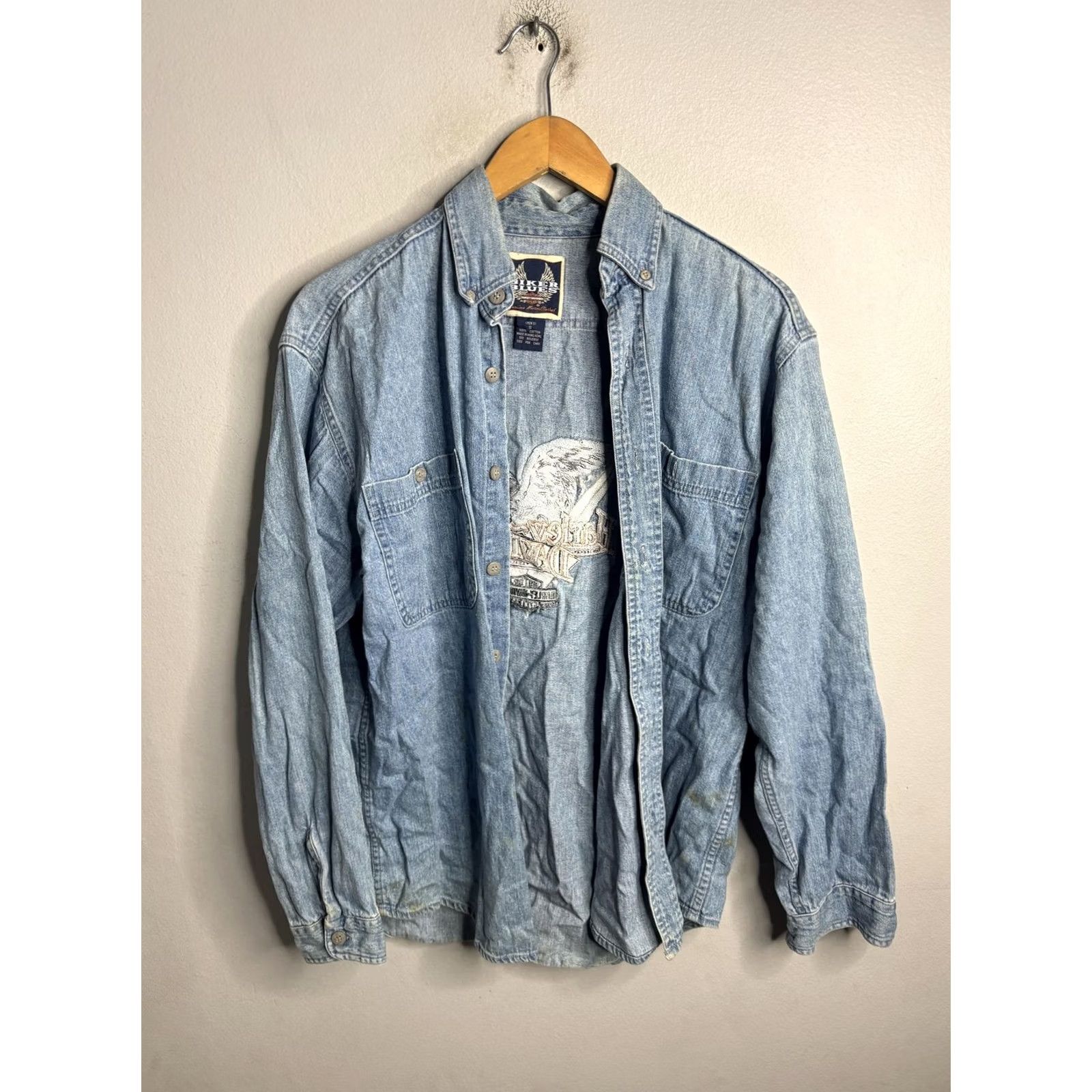Harley Davidson VINTAGE Harley-Davidson Denim Shirt Mens Small Blue Eagle Embroidered Biker Shirt Size US S / EU 44-46 / 1 - 7 Thumbnail