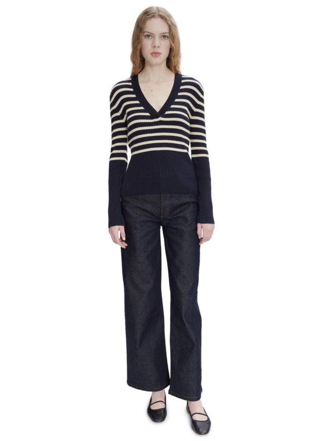 A.P.C. A.P.C. Women's V-Neck Sweater in Dark Navy and Ecru Stripes Size XS / US 0-2 / IT 36-38 - 3 Thumbnail